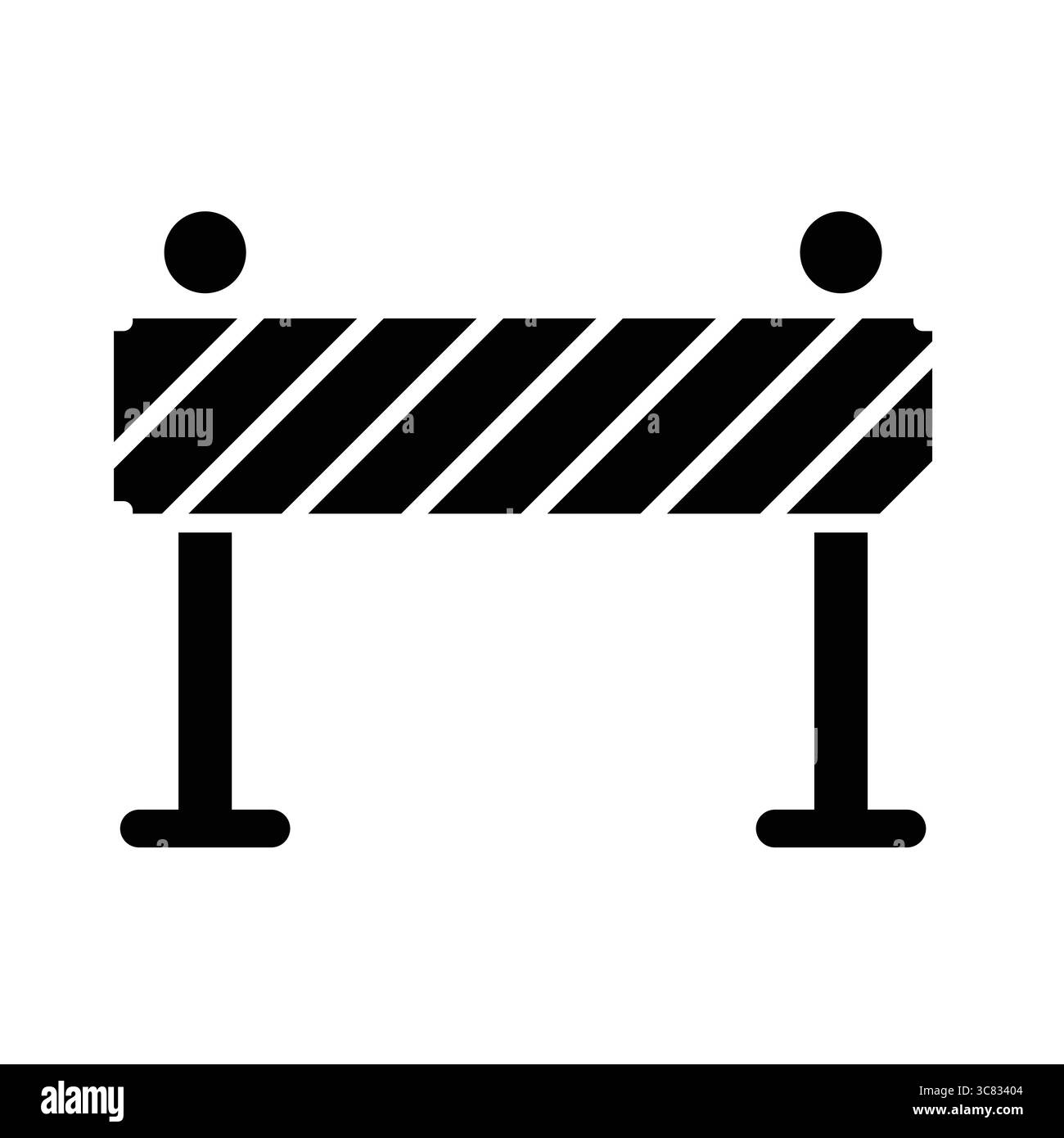 Dieses schwarz-weiße Symbol steht für eine Baubarriere mit kräftigen Streifen und stabilen Stützen, die Vorsicht und Sicherheit in Arbeitsbereichen symbolisieren. Stock Vektor