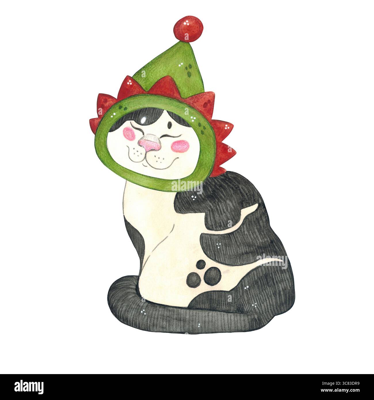 Katze schwarz-weiß mit weihnachtlichem Elfenhut, Santa's Assistent. Aquarellillustration handgezeichnet, Zeichentrick. Zeichnung für Aufkleber, Karten, Scrapbooking Stockfoto