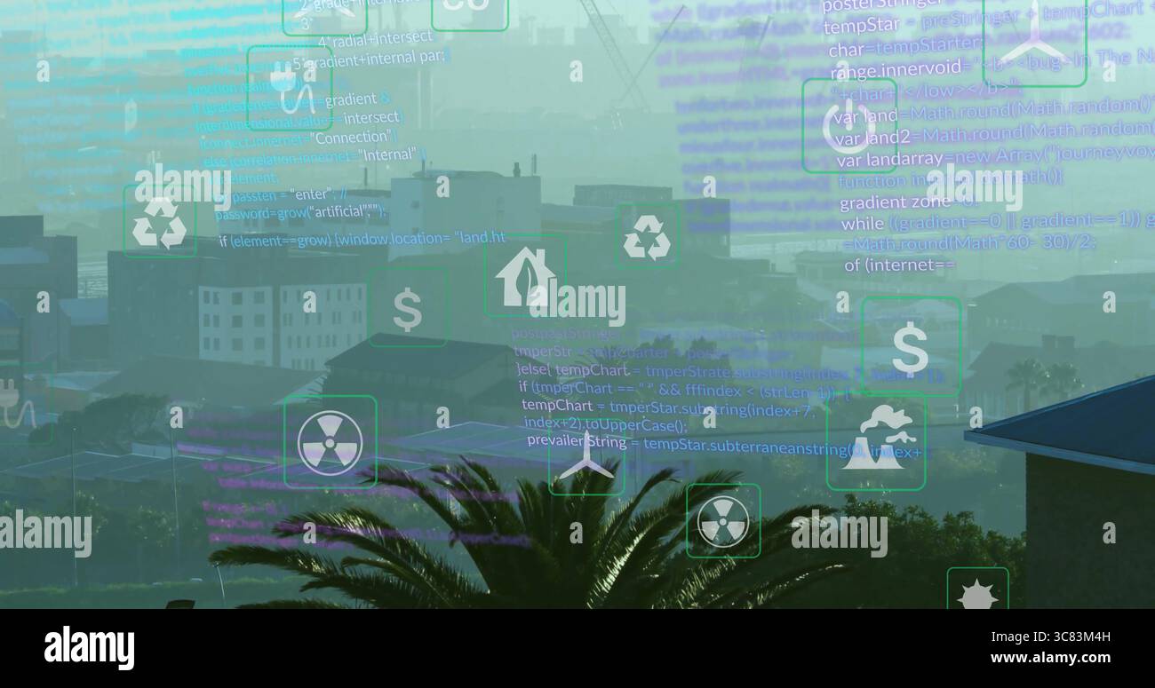 Schwebende Ansammlung von Symbolen und Code-Overlays über der rauchigen Skyline der Stadt mit Symbolen für Öko-Finanzen Stockfoto