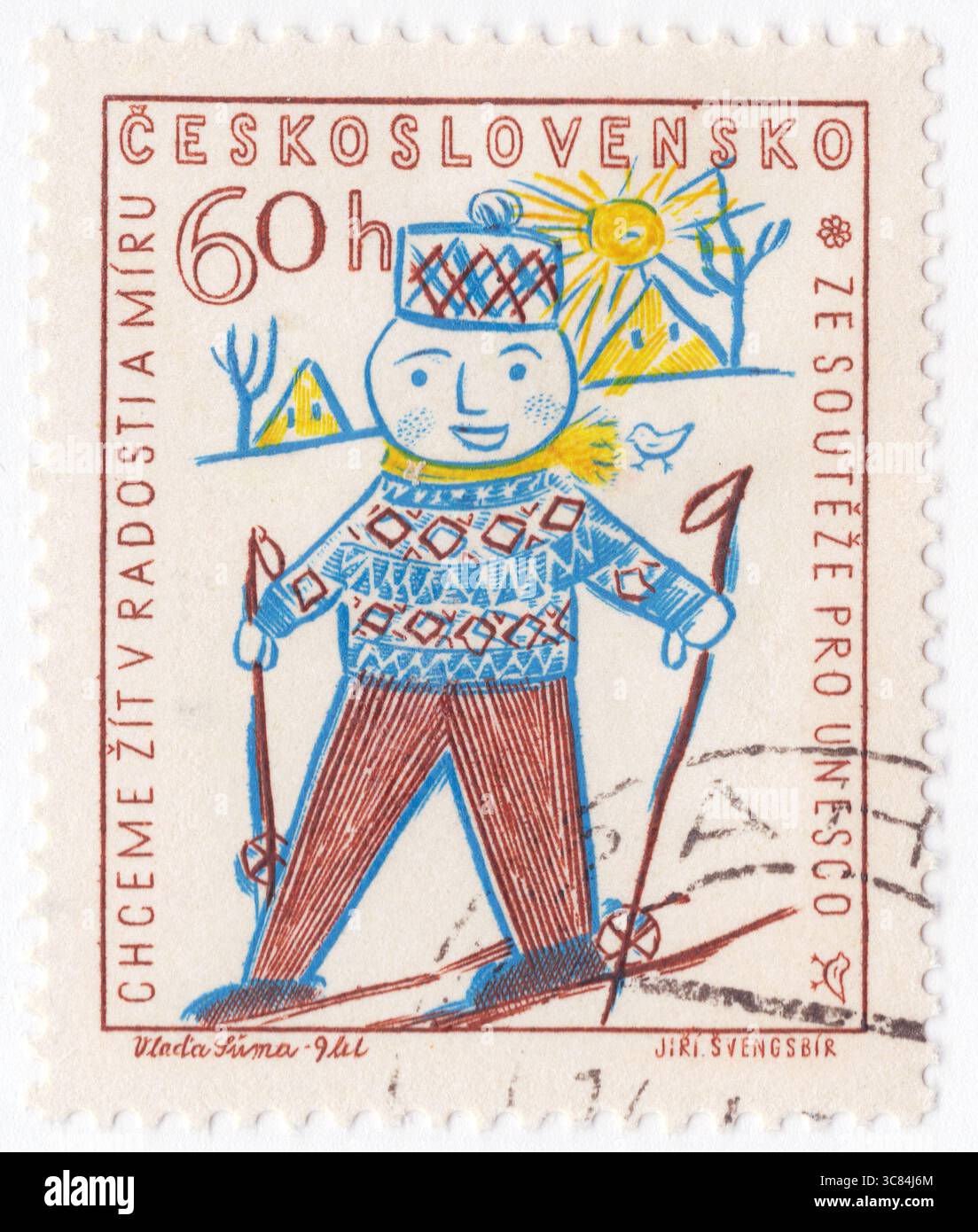 TSCHECHOSLOWAKEI - 24. Oktober 1958: 60 haléř brauner, blauer und gelber Briefmarke mit der Kinderzeichnung 'Skier' von Vladimír Šuma, 9 Jahre alt. Kinderkunstwettbewerb UNESCO. Eröffnung des UNESCO-Hauptquartiers in Paris am 3. November Stockfoto