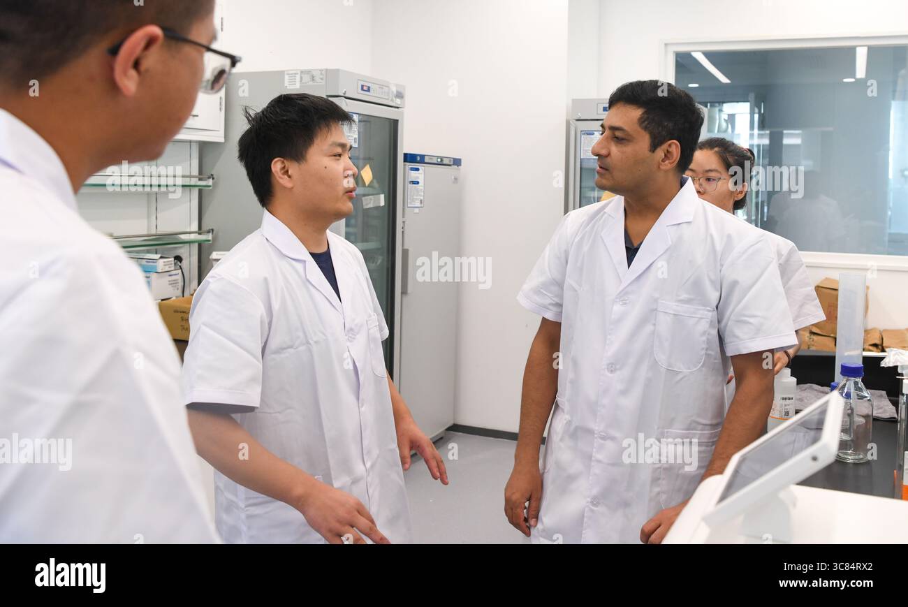 (250803) -- SANYA, 3. August 2025 (Xinhua) -- Waseem Raza (2. R) spricht mit seinem Kollegen in einem tropischen Züchtungslabor der Chinesischen Akademie für tropische Agrarwissenschaften in Sanya, südchinesischer Provinz Hainan, 29. Juli 2025. Waseem Raza, ein 45-jähriger Pakistaner, arbeitet als Associate Researcher an der Chinesischen Akademie für tropische Agrarwissenschaften (CATAS). Er promovierte an der Landwirtschaftsuniversität Nanjing und trat der Universität bis 2024 als Fakultätsmitglied bei. In diesem Jahr wird er vom CATAS Sanya Research Institute über ein hochrangiges Talentprogramm rekrutiert Stockfoto