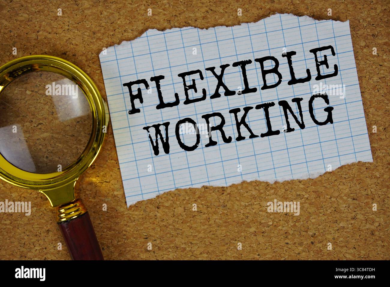 Flexibler Arbeitstext auf Papier mit Lupe Stockfoto