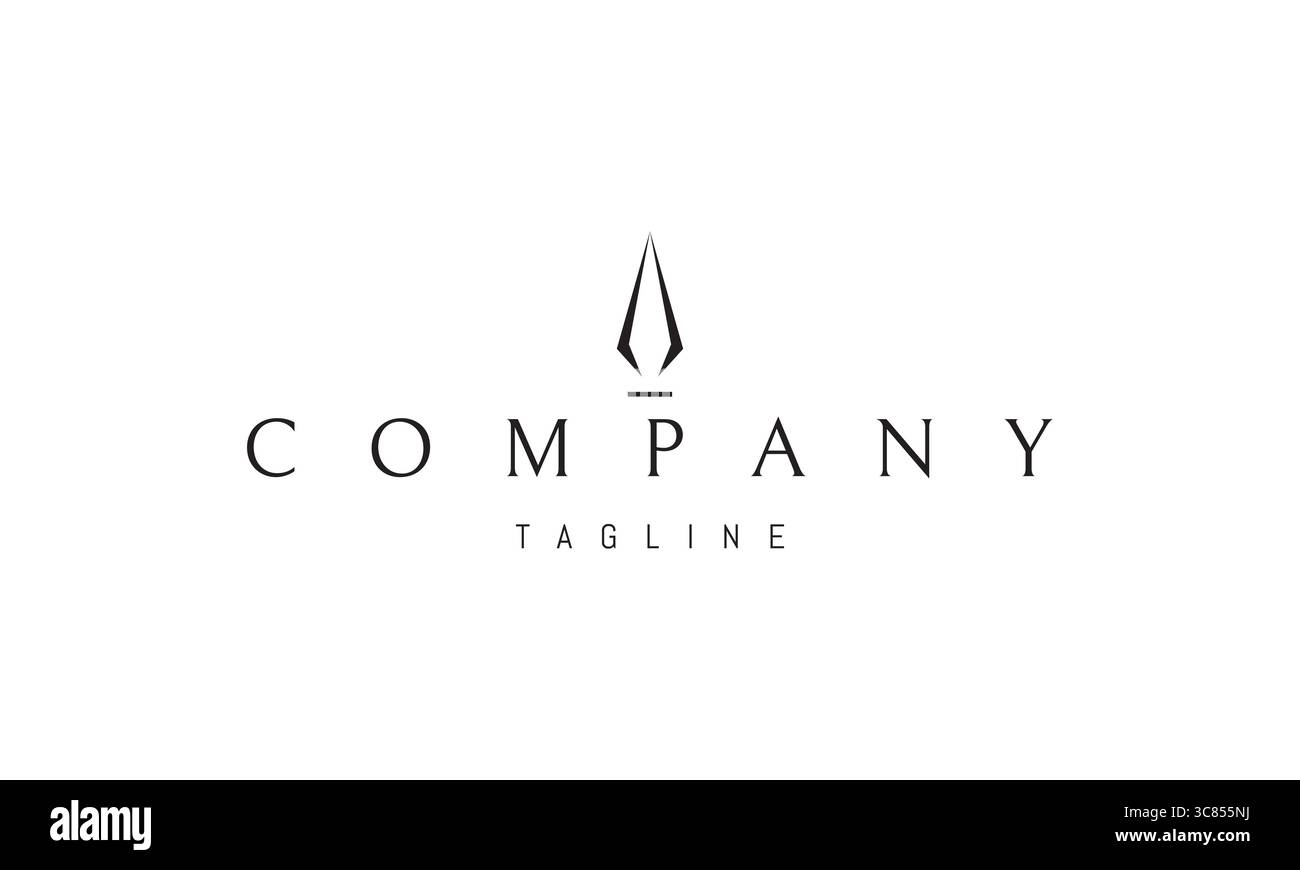 Ein Vektorlogo mit abstraktem Bild, einer Tintenfeder in Form einer Speerspitze, die die Ideen von Schrift und Stärke in einer minimalen Silhouette vereint. Stock Vektor