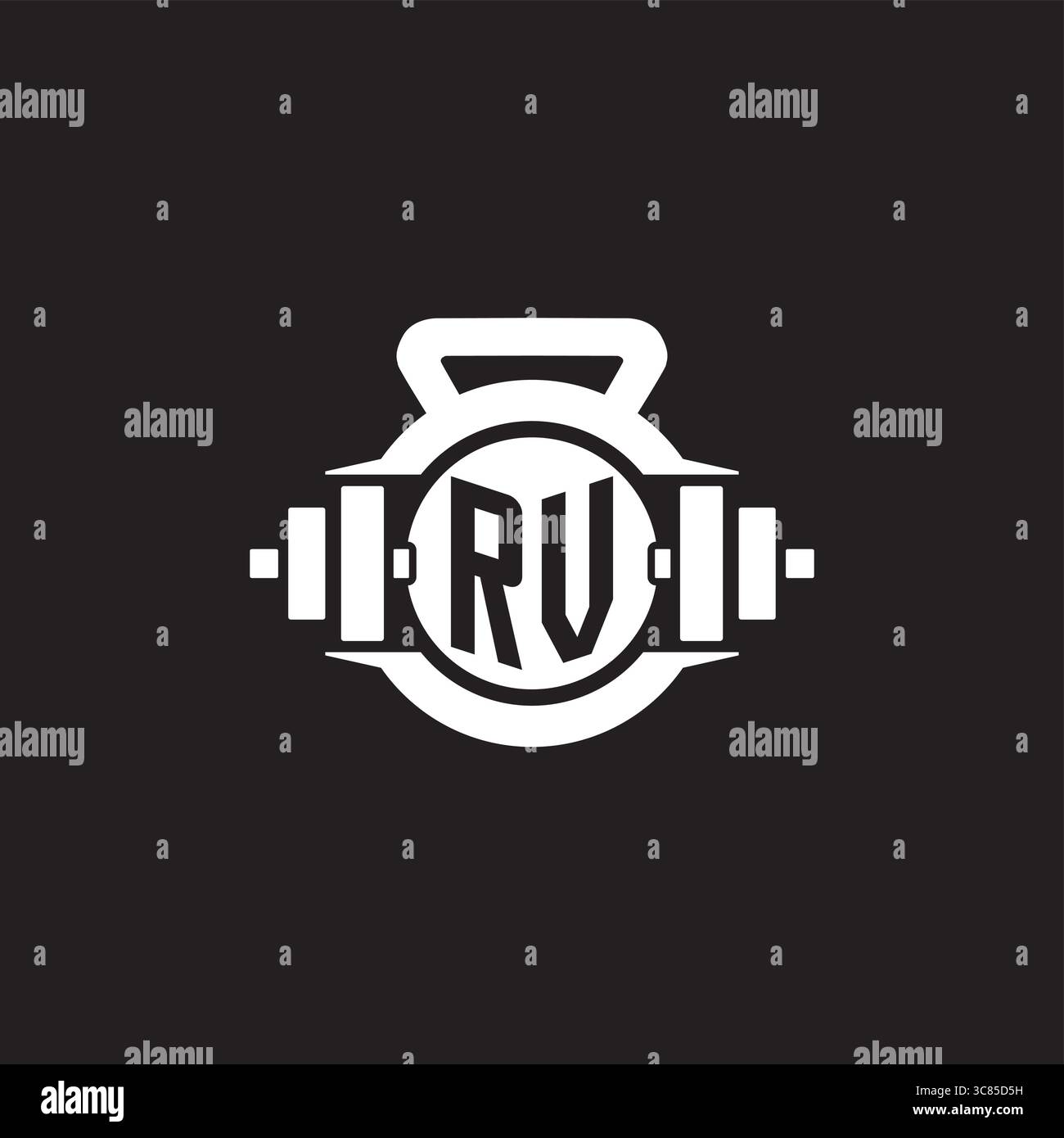 Anfängliche RV-Logo-Design-Ideen mit einfacher Kurzhantel und Kettlebell-Icon-Vektor-Grafik Stock Vektor