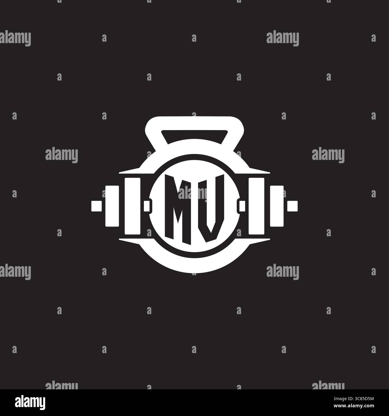 Erste MV-Logo-Design-Ideen mit einfacher Kurzhantel und Kettlebell-Icon-Vektor-Grafik Stock Vektor