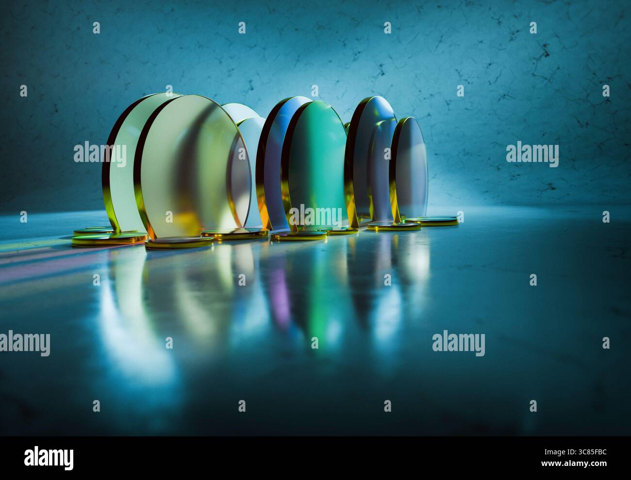 3D-Rendering überlappender transparenter blauer und grüner Glasscheiben Erstellen abstrakter Muster mit Licht- und Reflexionseffekten Stockfoto