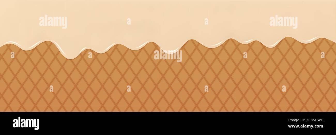 3D wellige Creme tropft über einem Hintergrund mit Waffelmuster und erinnert an Süße und eine Dessertatmosphäre. Cremiges Eis in Waffelkegel schmelzen. 3D-Vektor-Hintergrund Stock Vektor