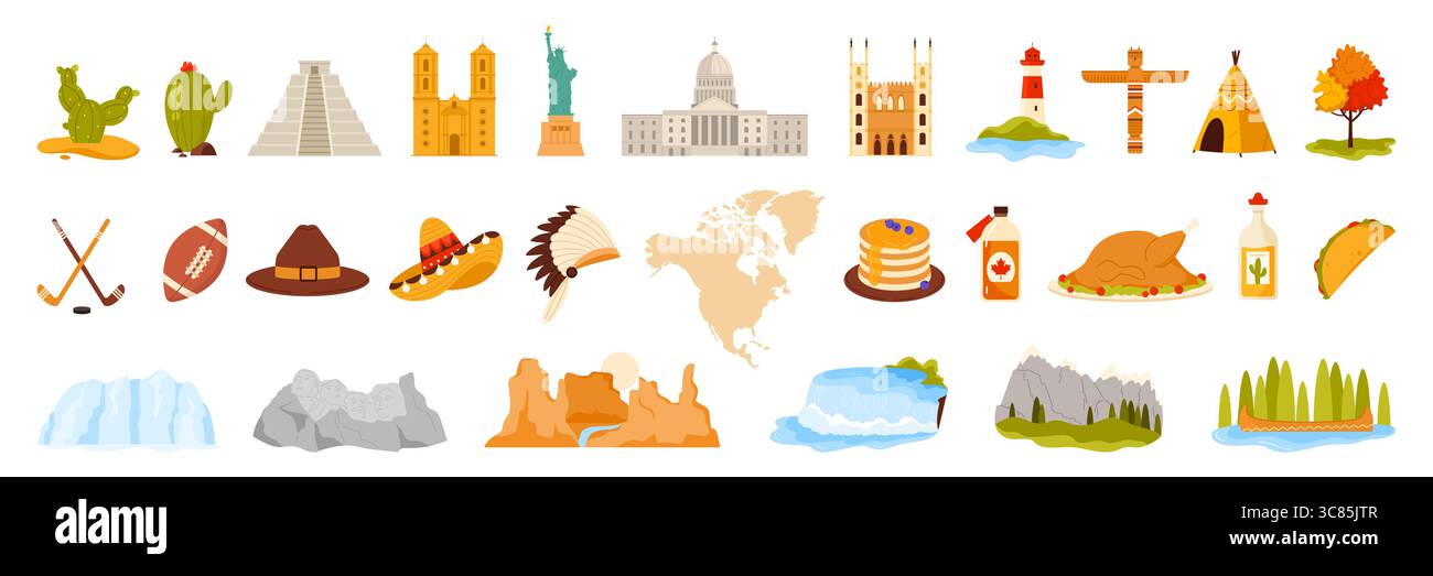 Eine vielfältige Sammlung nordamerikanischer Sehenswürdigkeiten, Symbole und Küche, die das reiche kulturelle Erbe und die Naturwunder des Kontinents repräsentieren. Stock Vektor