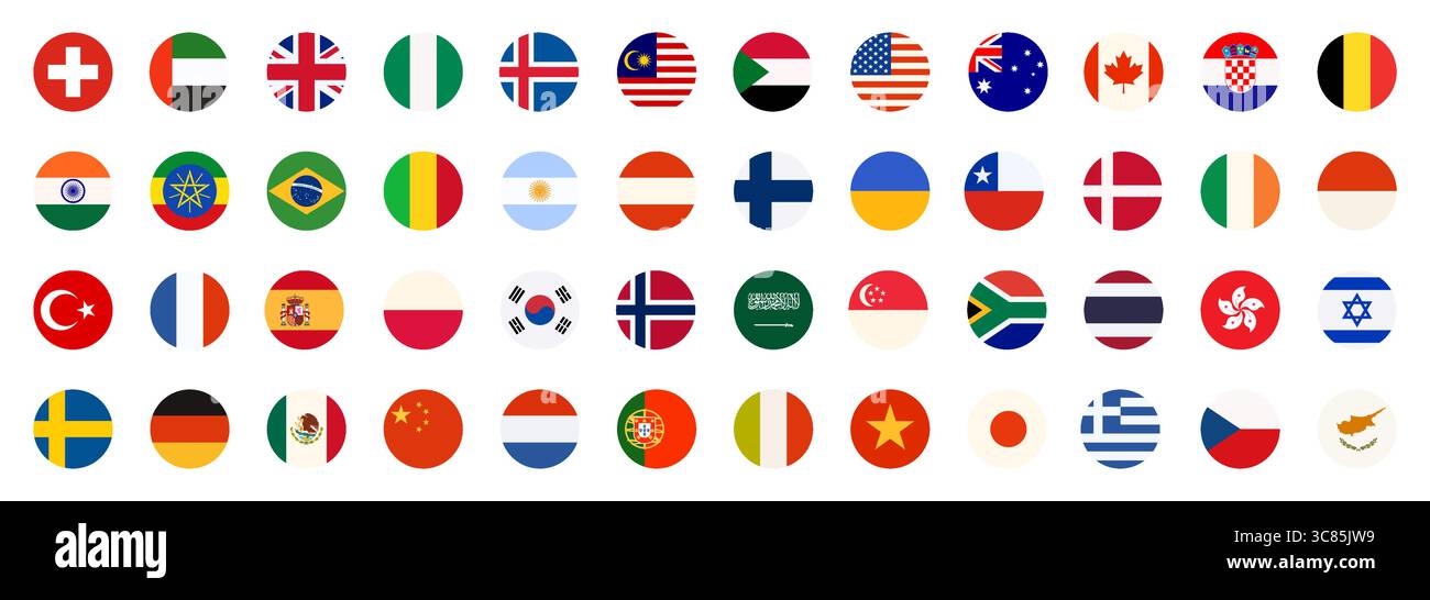 Weltflagge Set, runde Knöpfe, globale Kollektion mit verschiedenen nationalen Flaggenabzeichen für Europa und Afrika, Amerika und Asien. Vereinigte Arabische Emirate und Nigeria, Belgien Karikaturvektor Illustration Stock Vektor