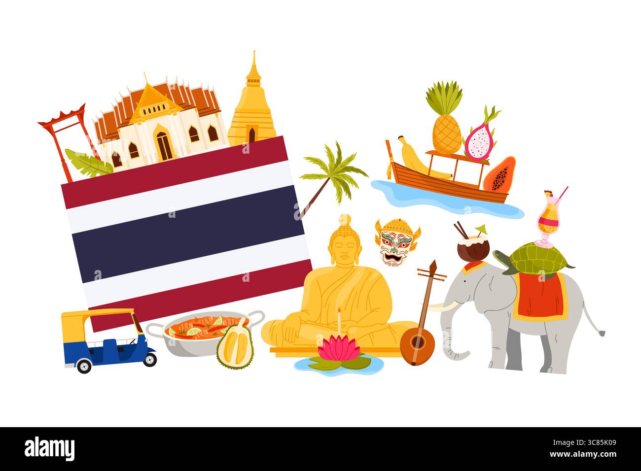 Thailändische Kulturelemente, berühmte Speisen und Wahrzeichen, Infografik-Collage-Banner für Reisen nach Thailand. Schwimmendes Marktboot und Dura, Tuk Tuk und Big Buddha, Tempel von Bangkok Cartoon Vektor Illustration Stock Vektor