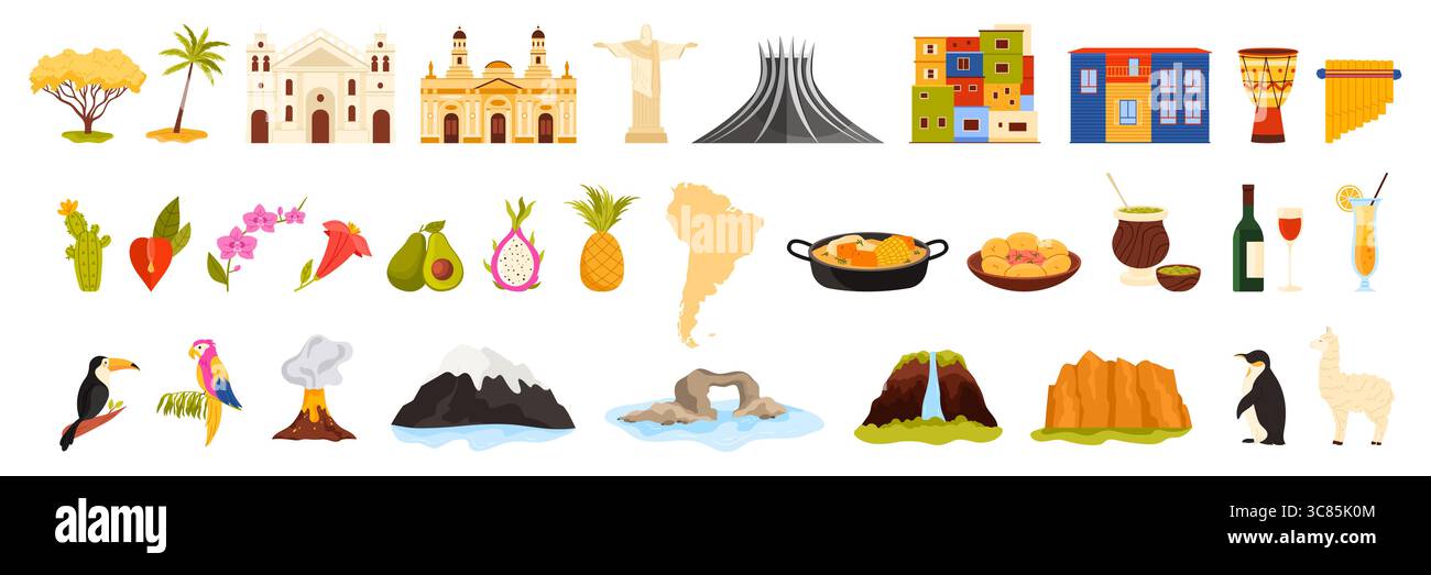 Reisen Sie nach Südamerika, kulturelle Elemente und Wahrzeichen, kulinarische Sets. Kathedrale von Brasilia und Caminito, Christusstatue und Favelas Häuser in Brasilien, Pan Flöte, Sancocho Suppe Cartoon Vektor Illustration Stock Vektor