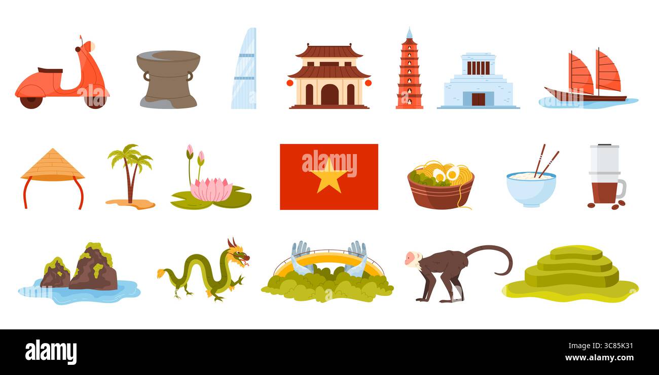 Reisen Sie nach Vietnam, vietnamesische Kultur, Design-Elemente, Küche und Wahrzeichen. Historischer Tempel von Hue, Ho Chi Minh Mausoleum, Notre Dame Kathedrale Saigon, Golden Bridge Cartoon Vektor Illustration Stock Vektor