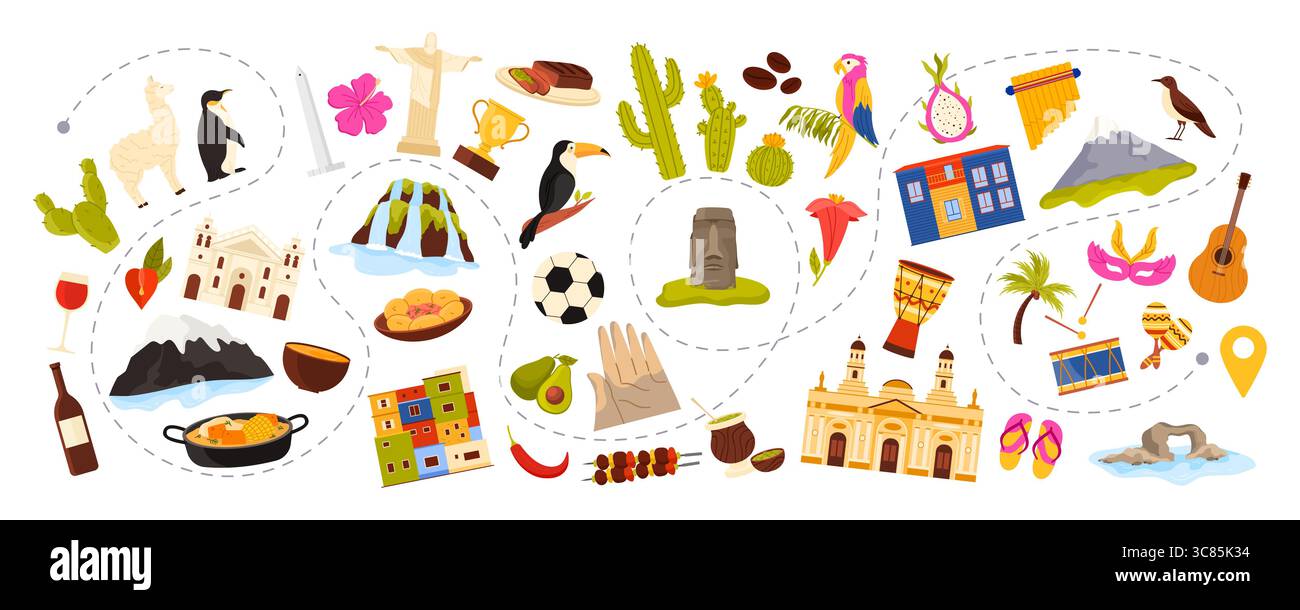 Reisen Sie zum Südamerika Kontinent, kulturelle Elemente, kulinarische und architektonische Wahrzeichen, Natur für touristische Abenteuer. Iguazu-Fälle und Moai-Statue, traditionelle Häuser Cartoon-Vektor-Illustration Stock Vektor