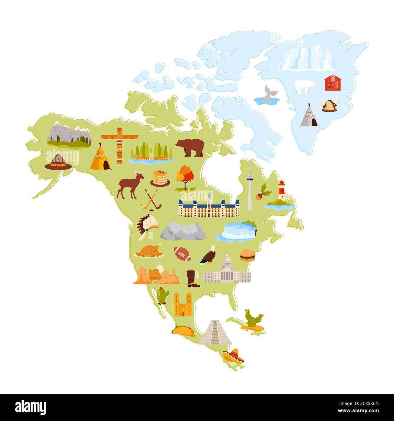 Eine lebendige und detaillierte illustrierte Karte von Nordamerika mit verschiedenen kulturellen und natürlichen Symbolen, einschließlich Wahrzeichen, Tierwelt und traditionellen Symbolen. Perfekt für Bildungs- und Dekorationszwecke. Stock Vektor