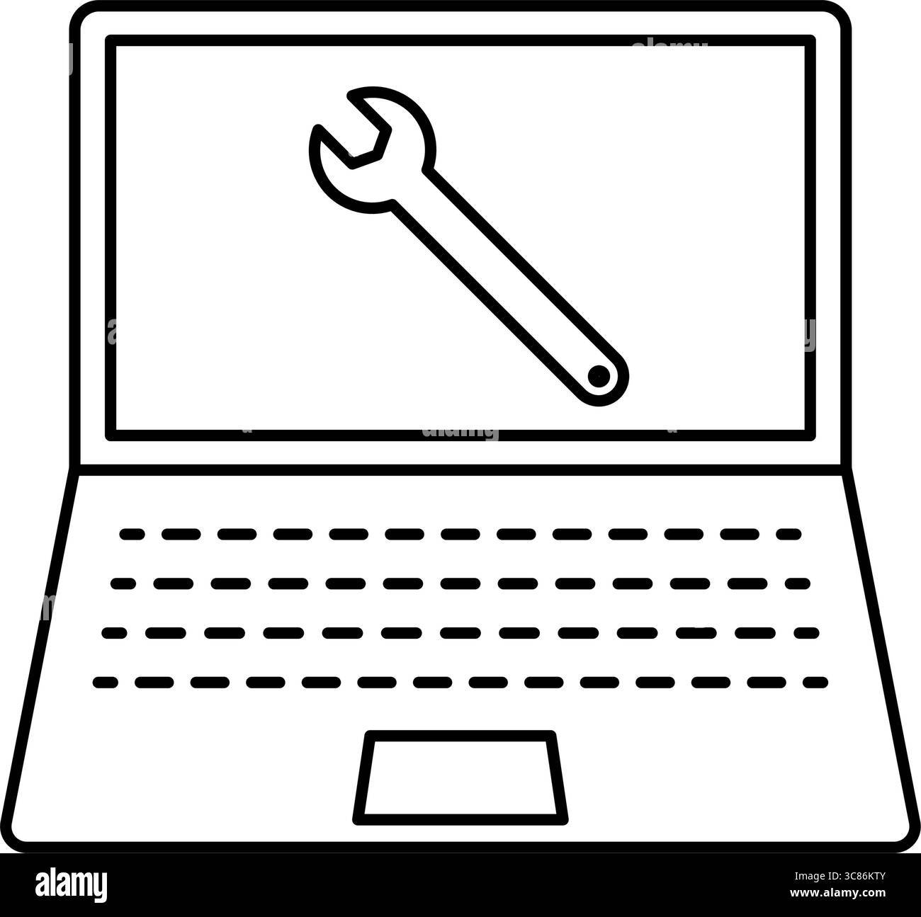 Liniensymbol des Laptops mit Schraubenschlüsselsymbol für Online-Fahrzeugdiagnose, Vektorillustration Stock Vektor