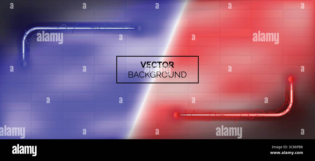 Futuristischer Hintergrund mit neonblauen und roten Farbquadraten, Dampf- und Ziegelwand Stock Vektor