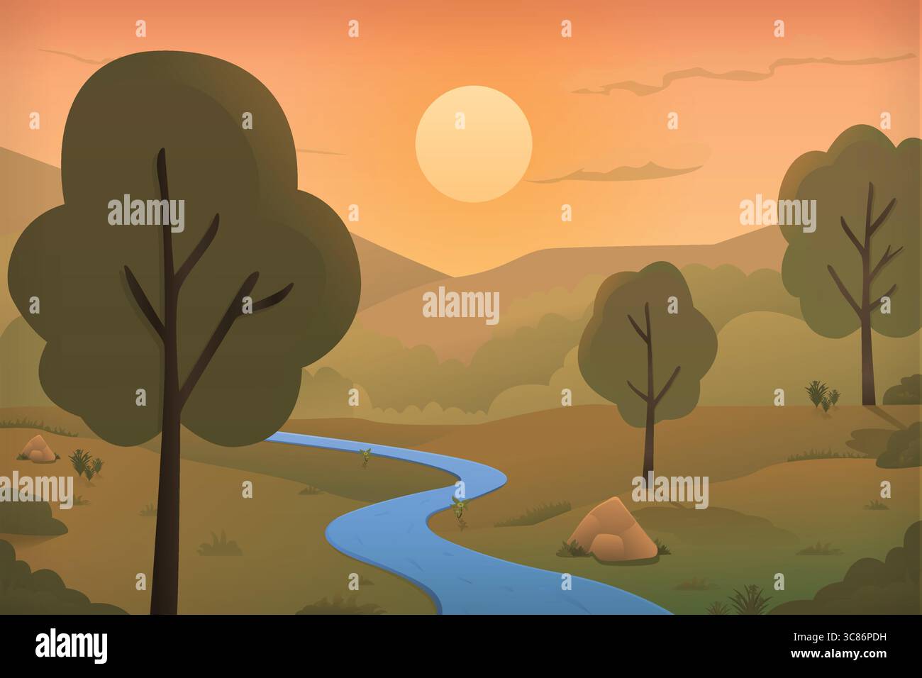 Sonnenuntergang Morgen leeres Feld Bereich oder Bauerndorf, Wassersee, Baum und Grün Vektor Illustration Zeichentrickhintergrund Stock Vektor