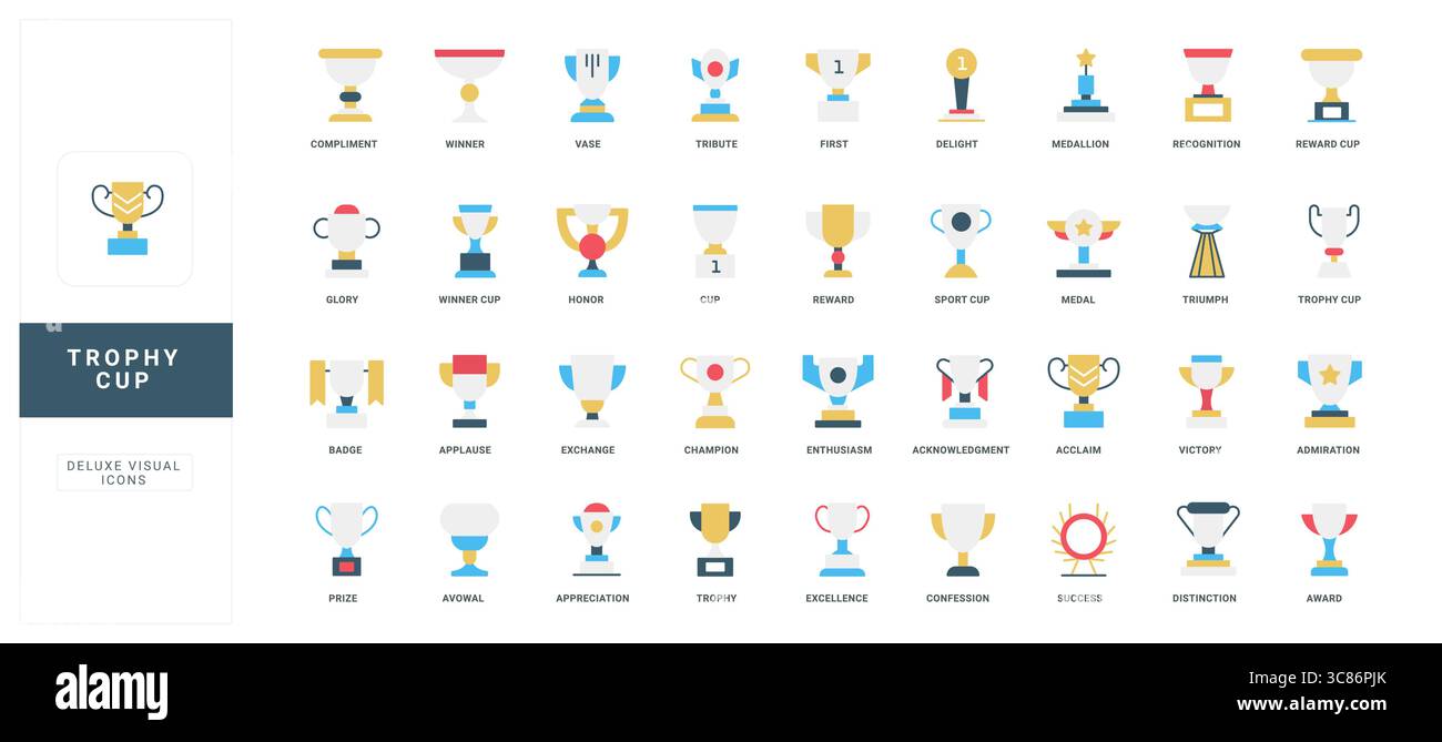 Sammlung flacher Trophäenbecher-Symbole, die jeweils mit unterschiedlichen Auszeichnungen beschriftet sind, die Leistung, Anerkennung und Erfolg in verschiedenen Kontexten darstellen isolierte Vektor-Illustration Stock Vektor