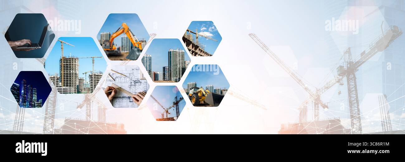Konstruktionshintergrund. Verschiedene Aspekte des modernen Bauens und der Stadtentwicklung. Das Bild umfasst Kräne, Bagger, Baupläne, Hochhäuser und digitale Planungen in einem technisch inspirierten Layout mit sechseckigen Bilderrahmen. Dieses Konzept spiegelt intelligente Gebäudetechnologien, digitales Projektmanagement, Architektur, Bauingenieurwesen und städtische Transformation wider. Ideal zur Darstellung von Themen wie Infrastrukturwachstum, intelligente Städte und innovative Entwicklungsstrategien. Stockfoto