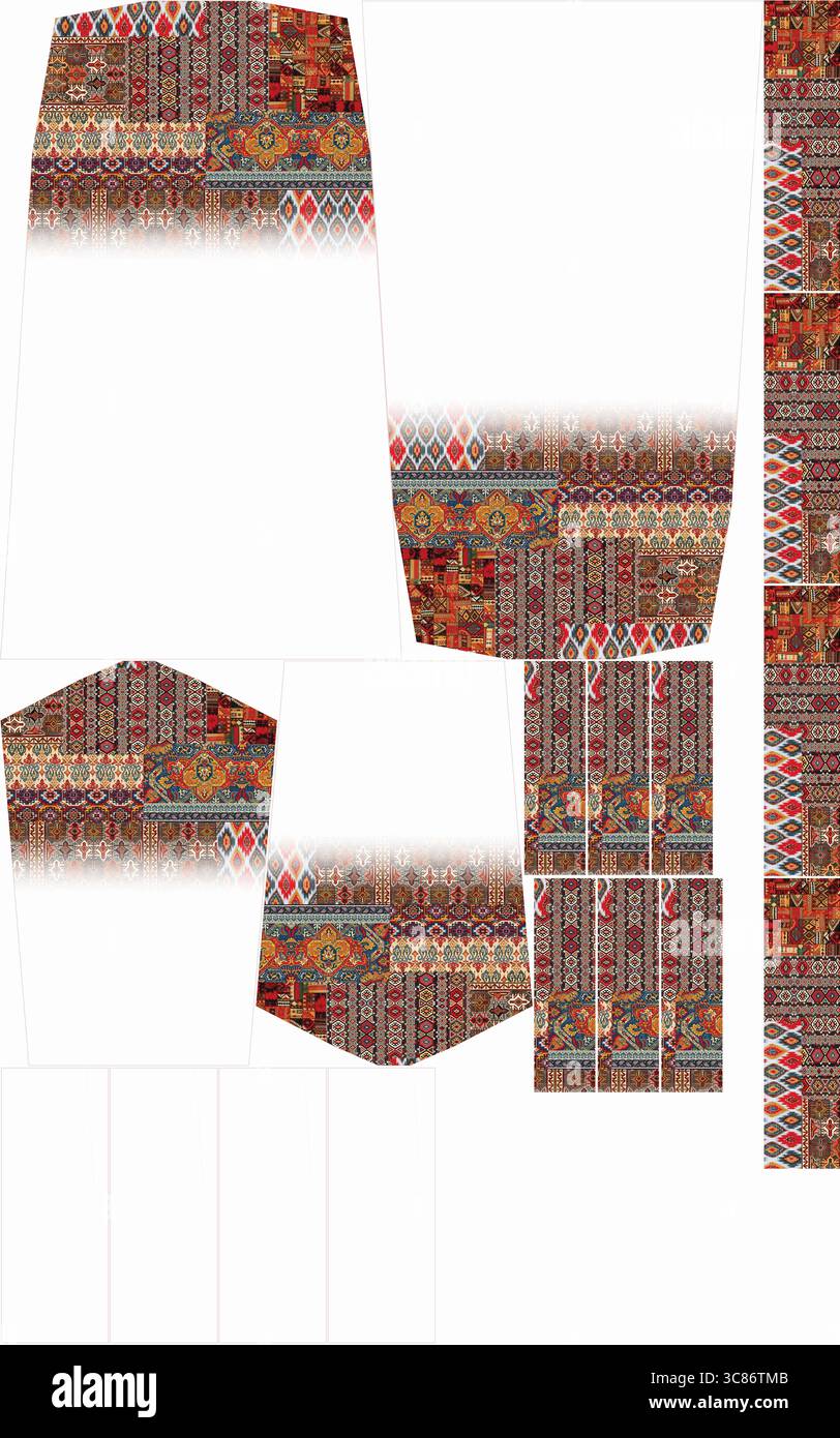 Teppichmuster sind auf weißem Hintergrund isoliert, wodurch ein einzigartiges Design entsteht Stockfoto