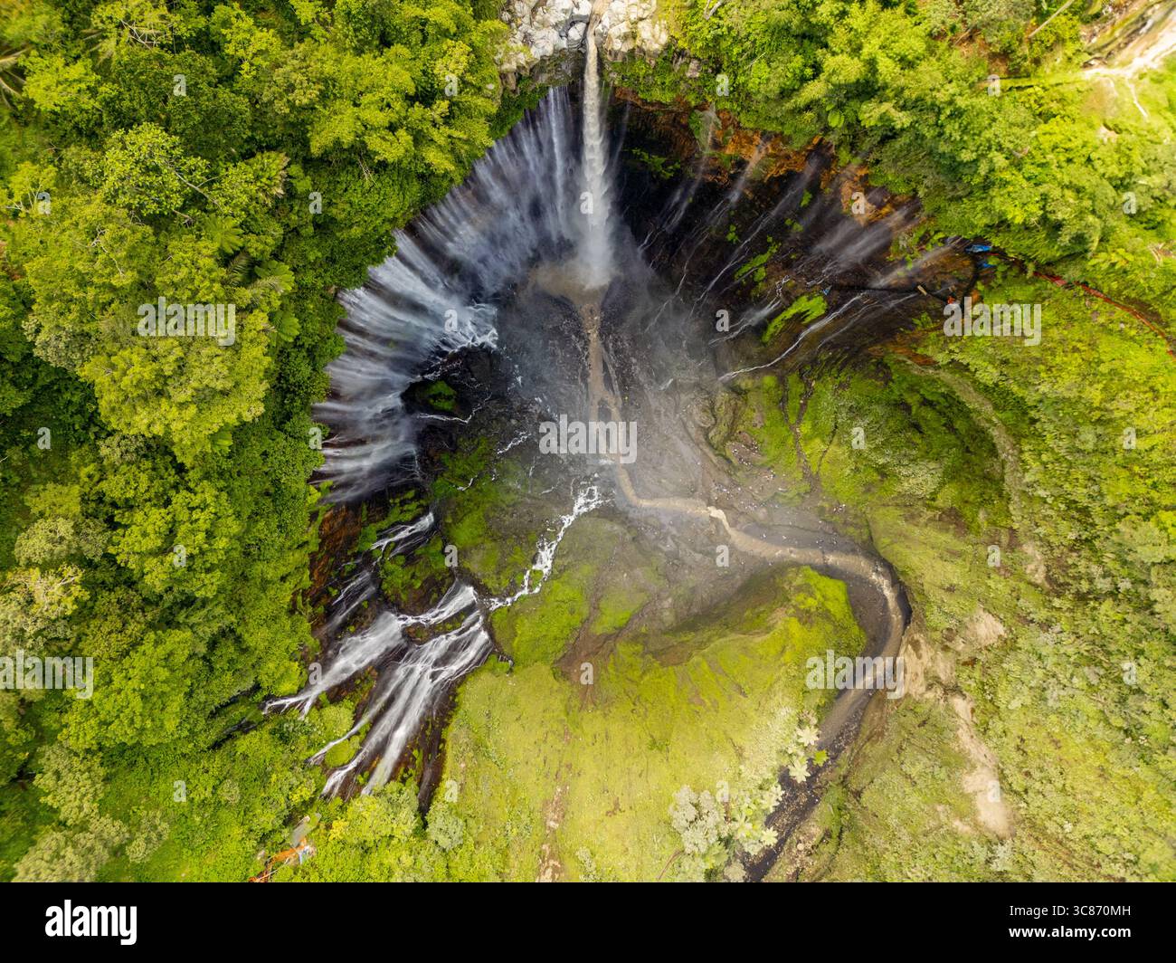 Aus der Vogelperspektive auf einen majestätischen Wasserfall, der zerklüftete Klippen in üppigen grünen Wäldern hinunterstürzt und ein atemberaubendes Spektakel der Naturkraft schafft: Sidomulyo, Kabupaten Lumajang, Indonesien. Stockfoto