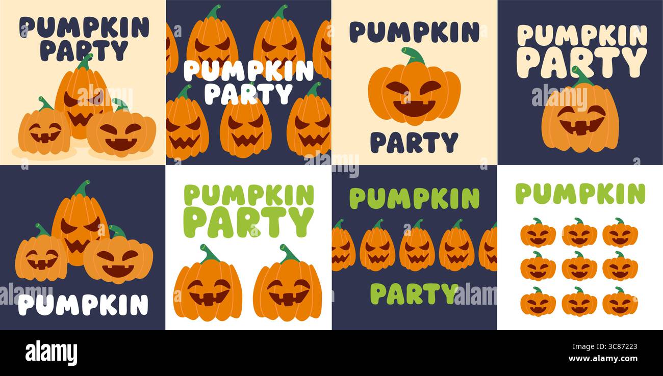 Vektor Halloween Illustration Set mit lustigen und gruseligen Kürbis Gesichtern und Kürbis Party Schriftzug. Design im Cartoon-Stil perfekt für Grußkarten Stock Vektor