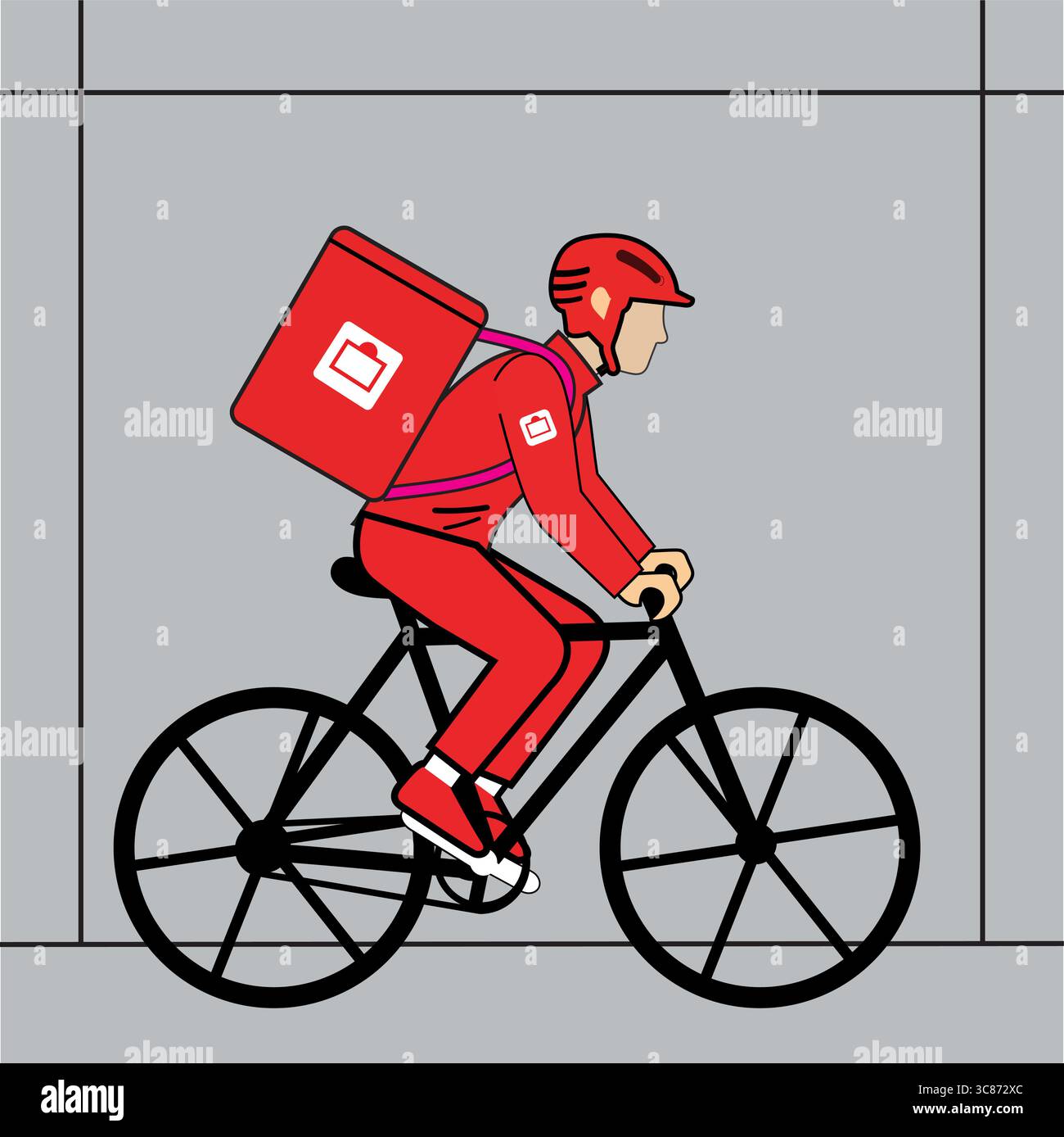 Eine digitale Illustration zeigt eine Lieferperson in roter Uniform und Helm, die auf einem schwarzen Fahrrad mit einem rot isolierten Rucksack fährt. Stock Vektor