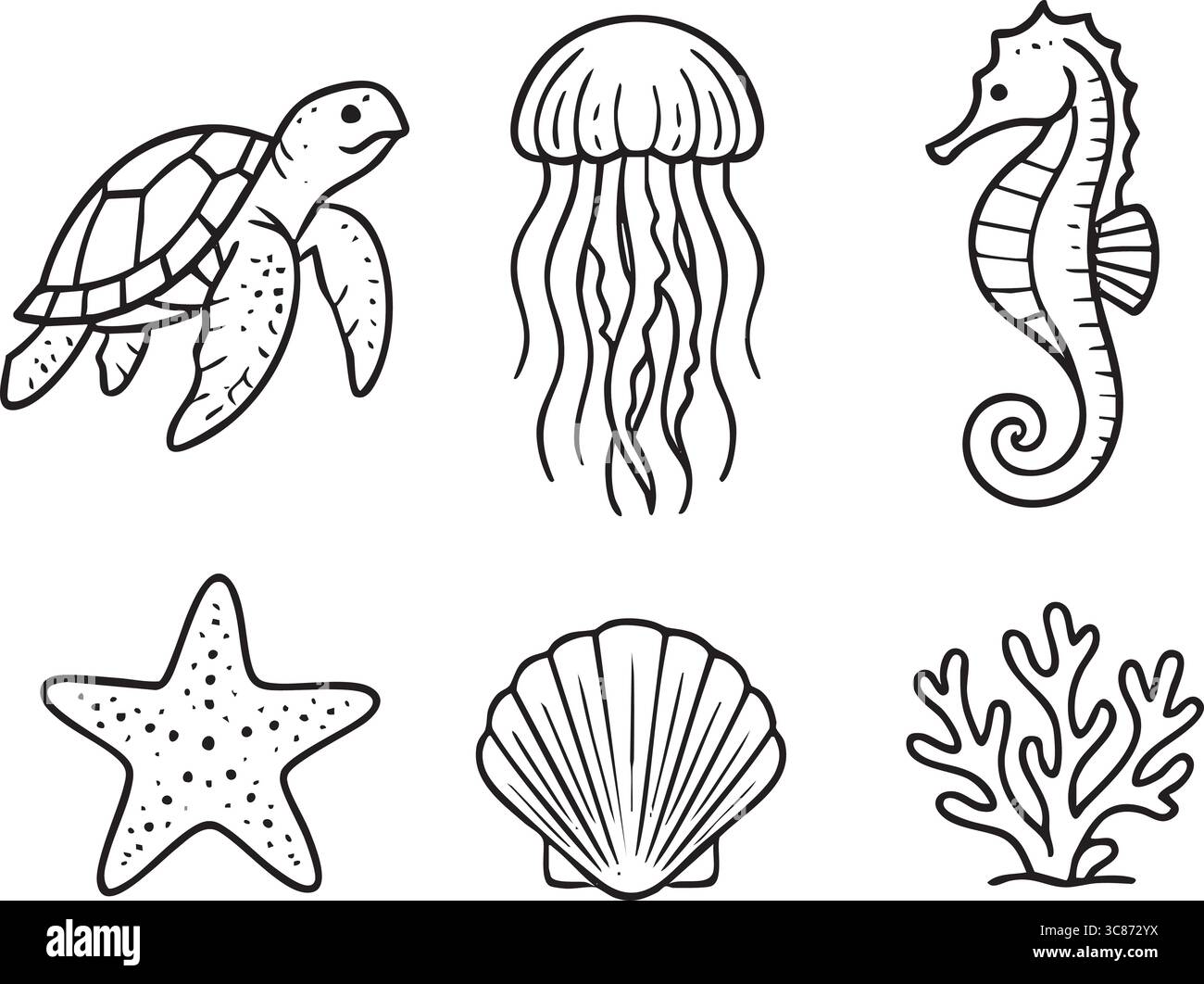 Strichkunst-Illustrationen einer Meeresschildkröte, Quallen, Seepferdchen und Seesternen. Stock Vektor
