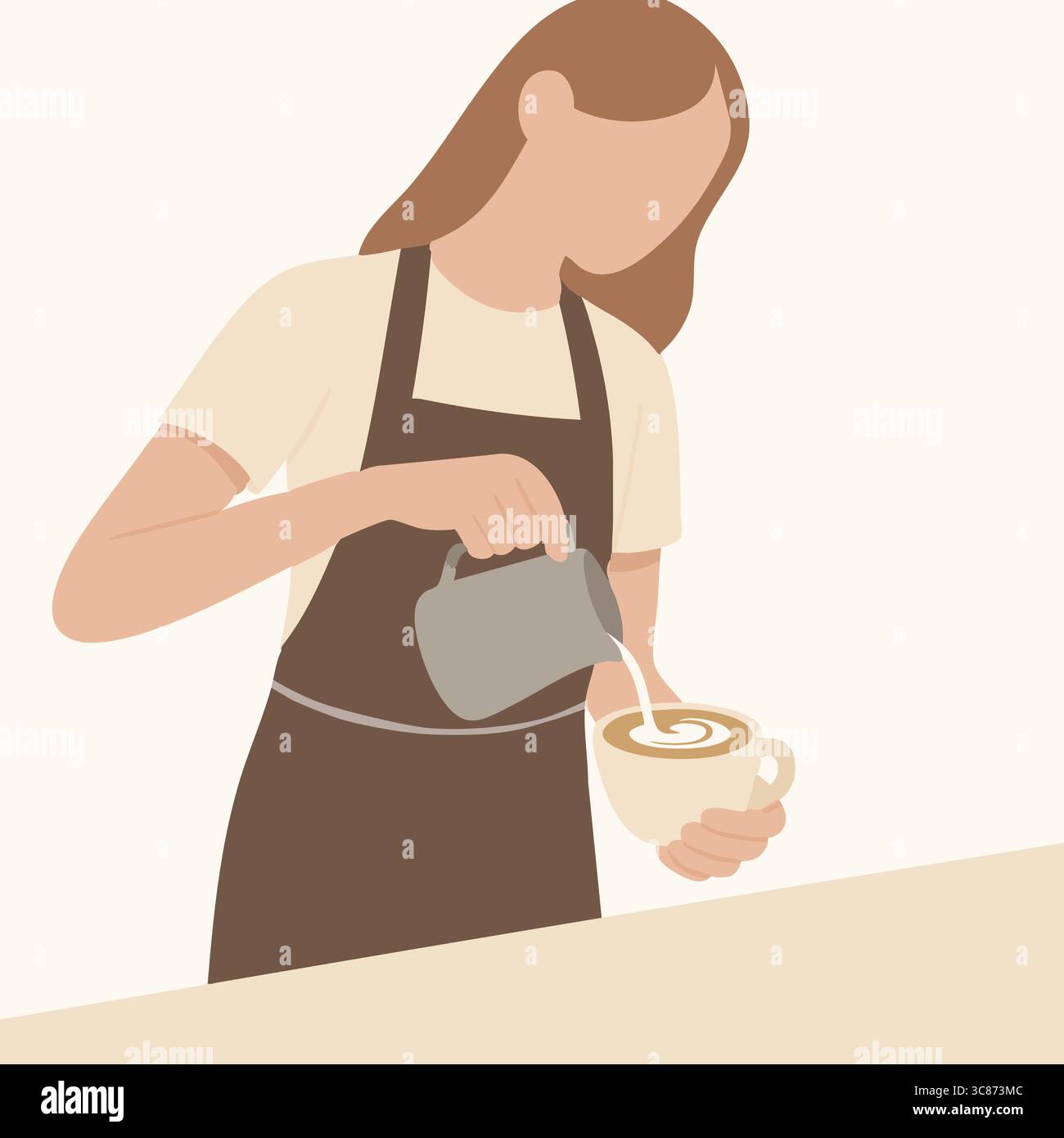 Flache Vektor-Illustration einer Frau, die Kaffee aus einem Topf in eine Tasse gießt. Stock Vektor