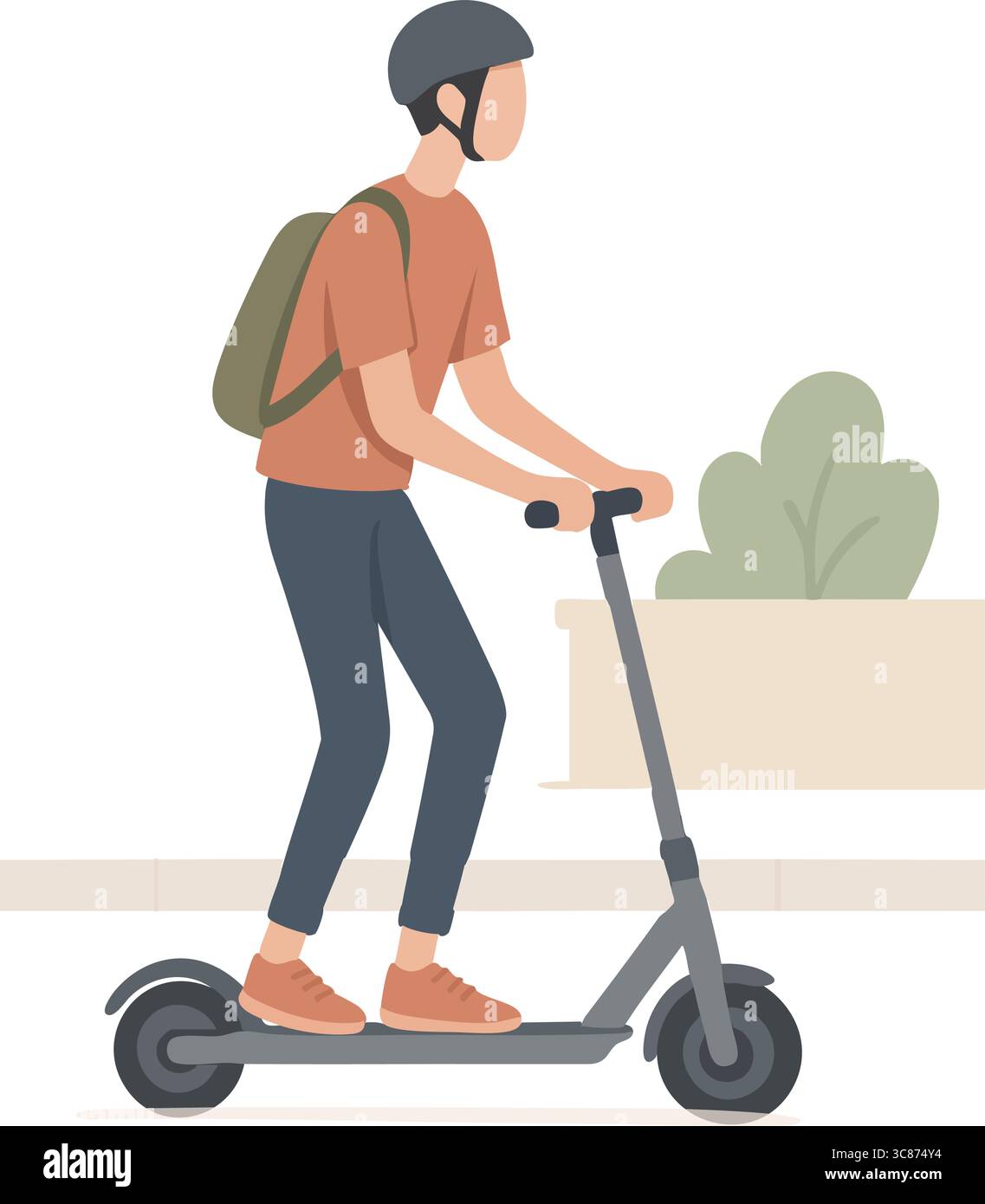 Eine flache Vektor-Illustration eines Mannes, der einen elektrischen Roller auf einem Bürgersteig fährt. Stock Vektor