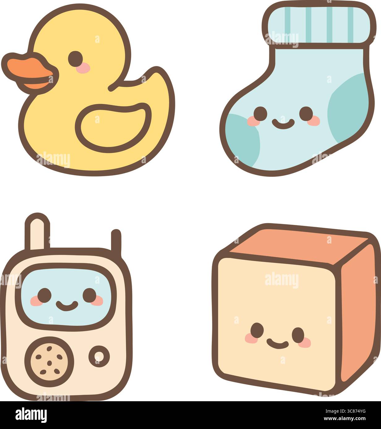 Eine flache Vektor-Illustration mit vier Babyspielzeugsymbolen: Eine gelbe Gummiente, eine blaue Babysocke, ein tragbares Babyphone und ein lächelnder Würfel. Stock Vektor
