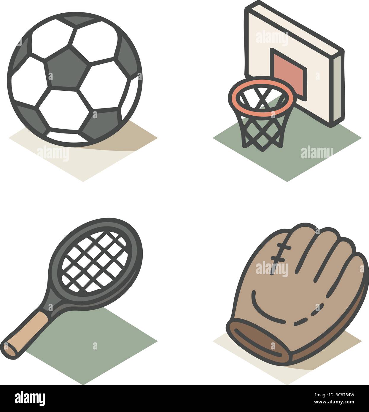 Eine flache Vektor-Illustration von vier Sportsymbolen: Einem Fußball, einem Basketballkorb, einem Tennisschläger mit Ball und einem Baseballhandschuh mit Ball. Stock Vektor