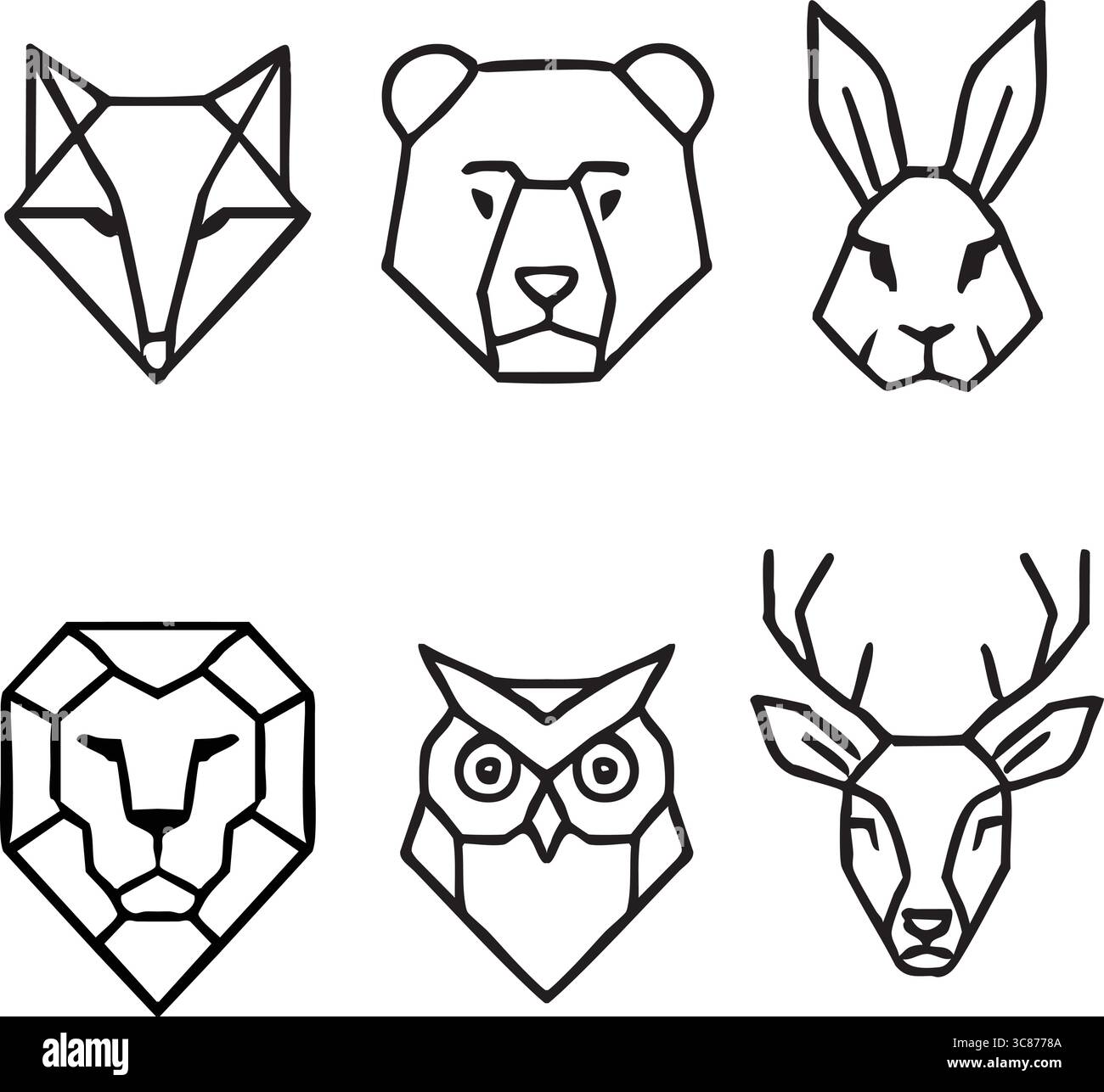 Umrisszeichnungen von Bären-, Hirsch-, Hasen- und Fuchsköpfen im geometrischen Stil. Stock Vektor