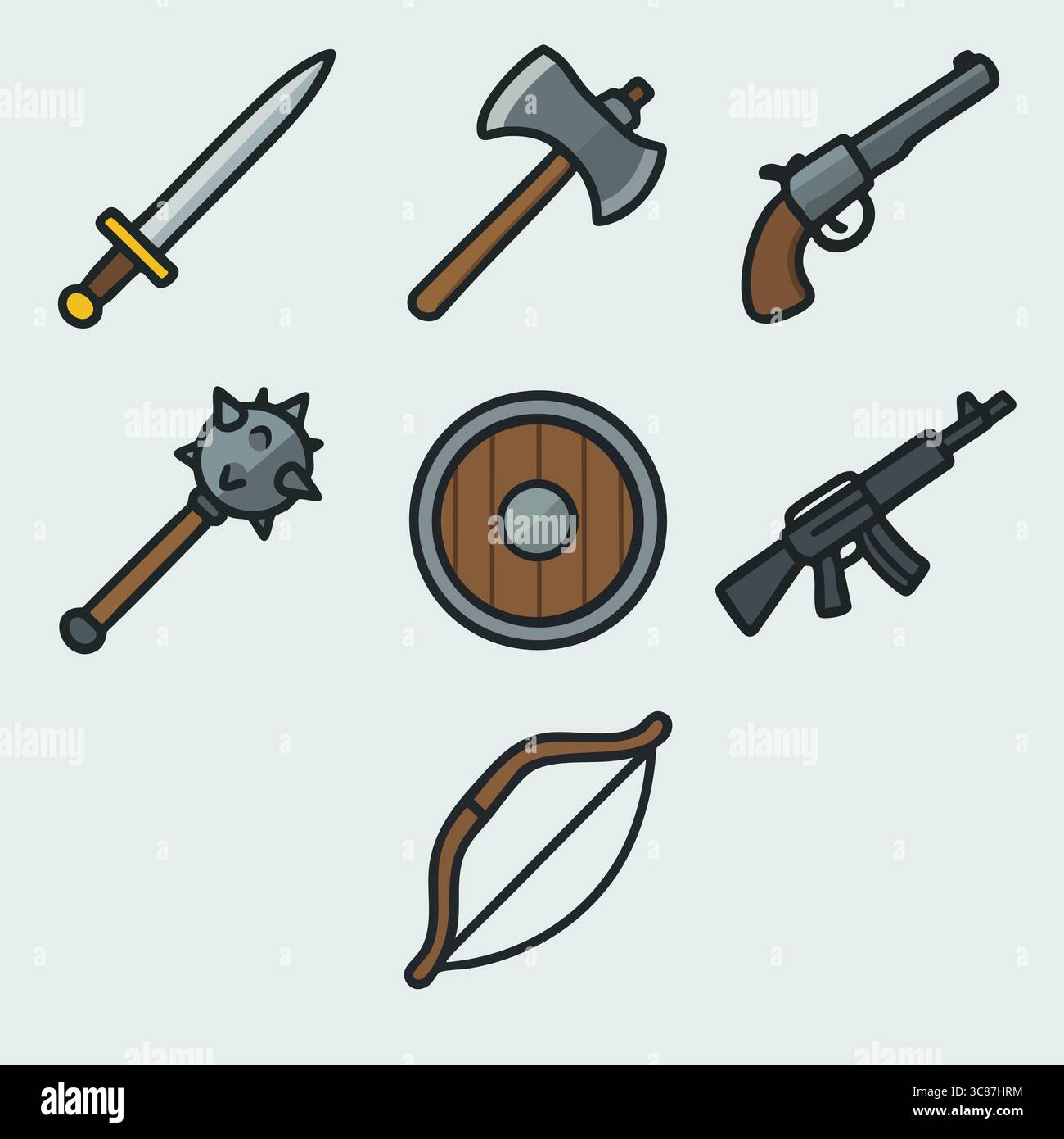 Eine flache Vektor-Illustration mit einer Sammlung mittelalterlicher Waffen einschließlich Schwert, Keule, Schlegel, Kampfaxt, Speer, und Abschirmung. Stock Vektor