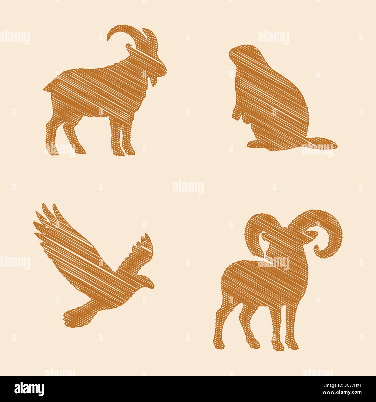 Vier flache braune Silhouetten, die eine Ziege, eine Eule, einen Adler im Flug und einen zur Seite gerichteten Widder darstellen. Stock Vektor