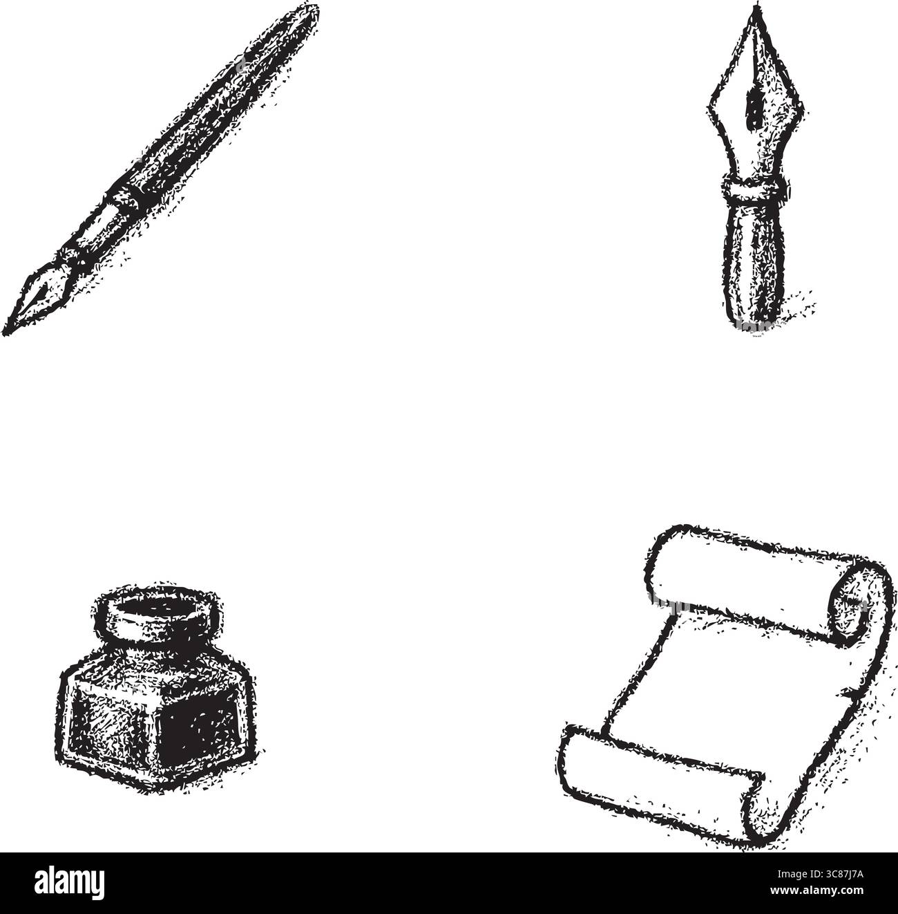 Klassische Illustration mit Tintenflasche, gerollter Pergamentrolle und Feder, die an Schrift oder Kalligraphie erinnert. Stock Vektor