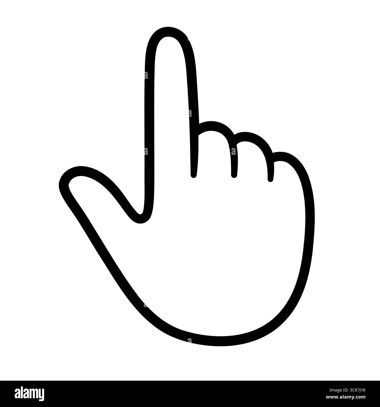 Hand mit zeigendem Zeigefinger, handgezeichnetes Cursorsymbol für Zeichentrickfilm. Einfache Schwarzweißzeichnung. Isolierte Vektordarstellung. Stock Vektor