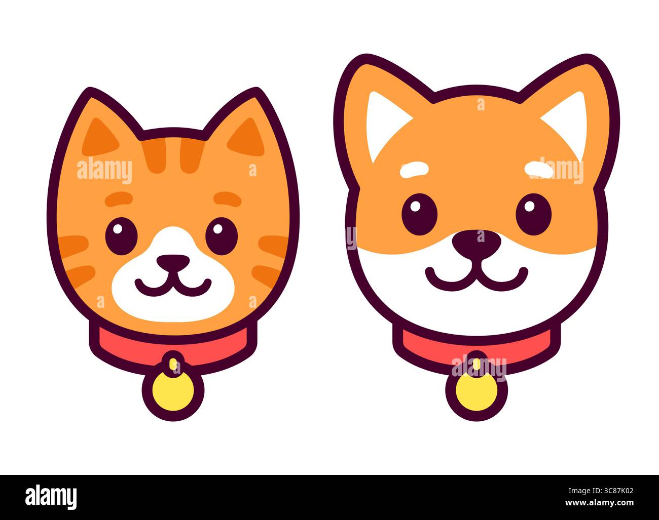 Niedliche Cartoon-Katzen- und Hundegesicht-Porträts. Lustige Haustiere mit Kragen und Namensschildern. Vektorabbildung. Stock Vektor