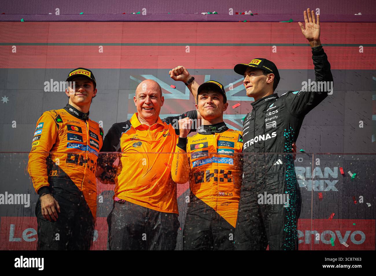 Podium des Rennens: Lando Norris vor Oscar Piastri und George Russel während des ungarischen GP, Budapest 31. Juli bis 4. August 2025. Formel 1 World ch Stockfoto