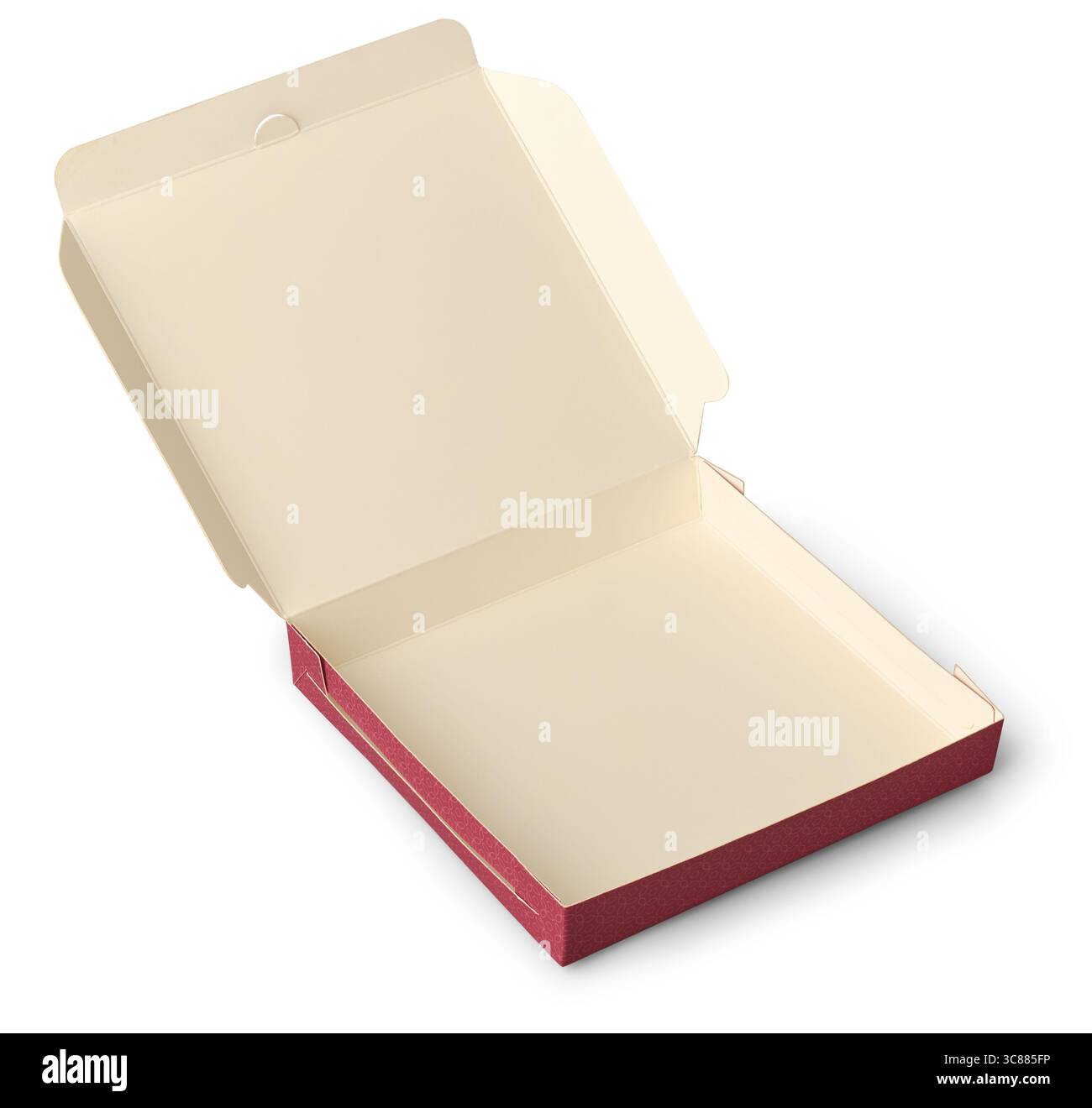 Quadratischer zweifarbiger geöffneter Karton mit geringer Tiefe isolierter weißer Hintergrund, innen ist saubere und weiße Farbe, kleine Geschenke, Backwaren Stockfoto