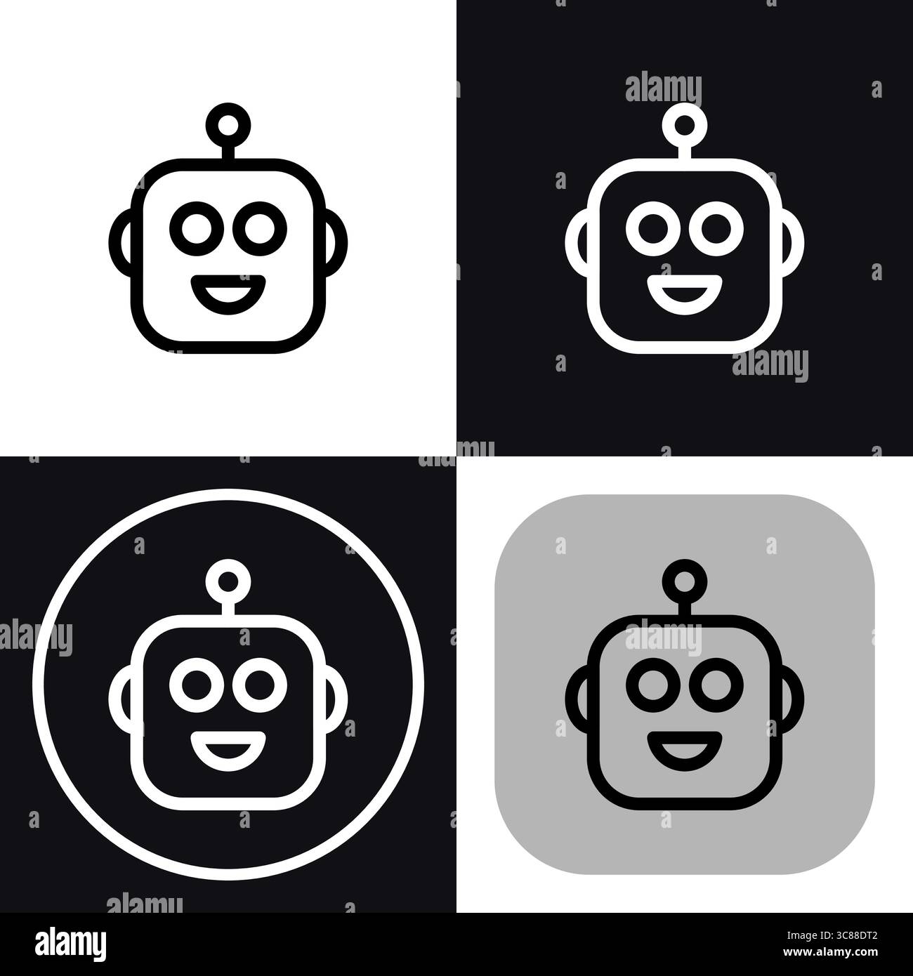 Dieses fröhliche Robotersymbol repräsentiert KI, perfekt für technologiebezogene Projekte. Das einfache Design ist vielseitig und leicht anpassbar. Stock Vektor