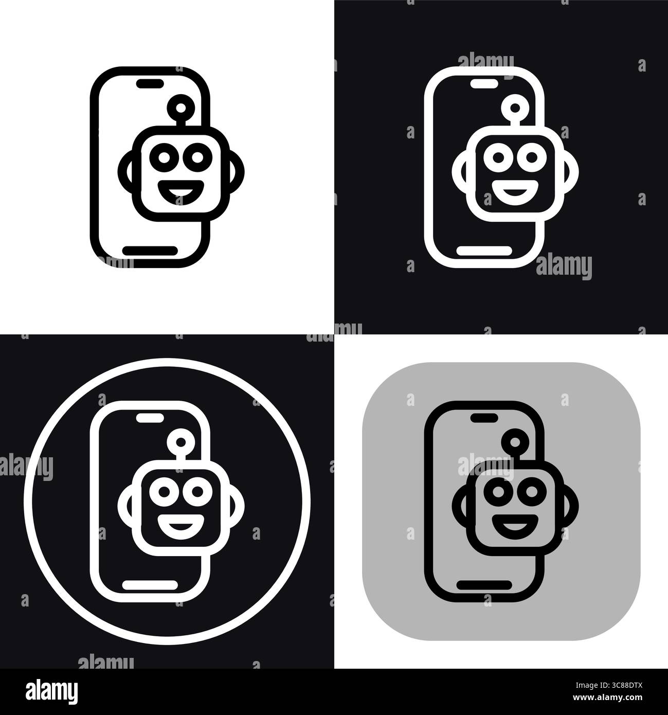 Dieses vielseitige Symbolset zeigt einen freundlichen KI-Roboter auf einem Smartphone-Bildschirm, perfekt für mobile Apps und Websites im Zusammenhang mit künstlicher Intelligenz. T Stock Vektor
