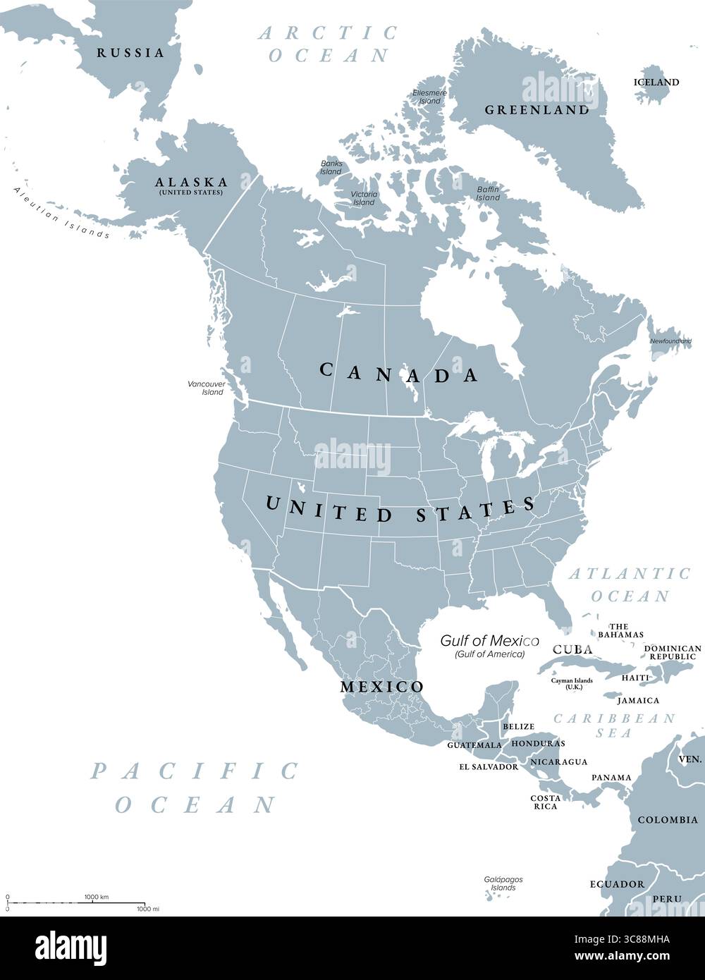 Nordamerika, graue politische Karte mit den Grenzen der staaten, Provinzen und Territorien Kanadas, der USA und Mexikos. Stockfoto