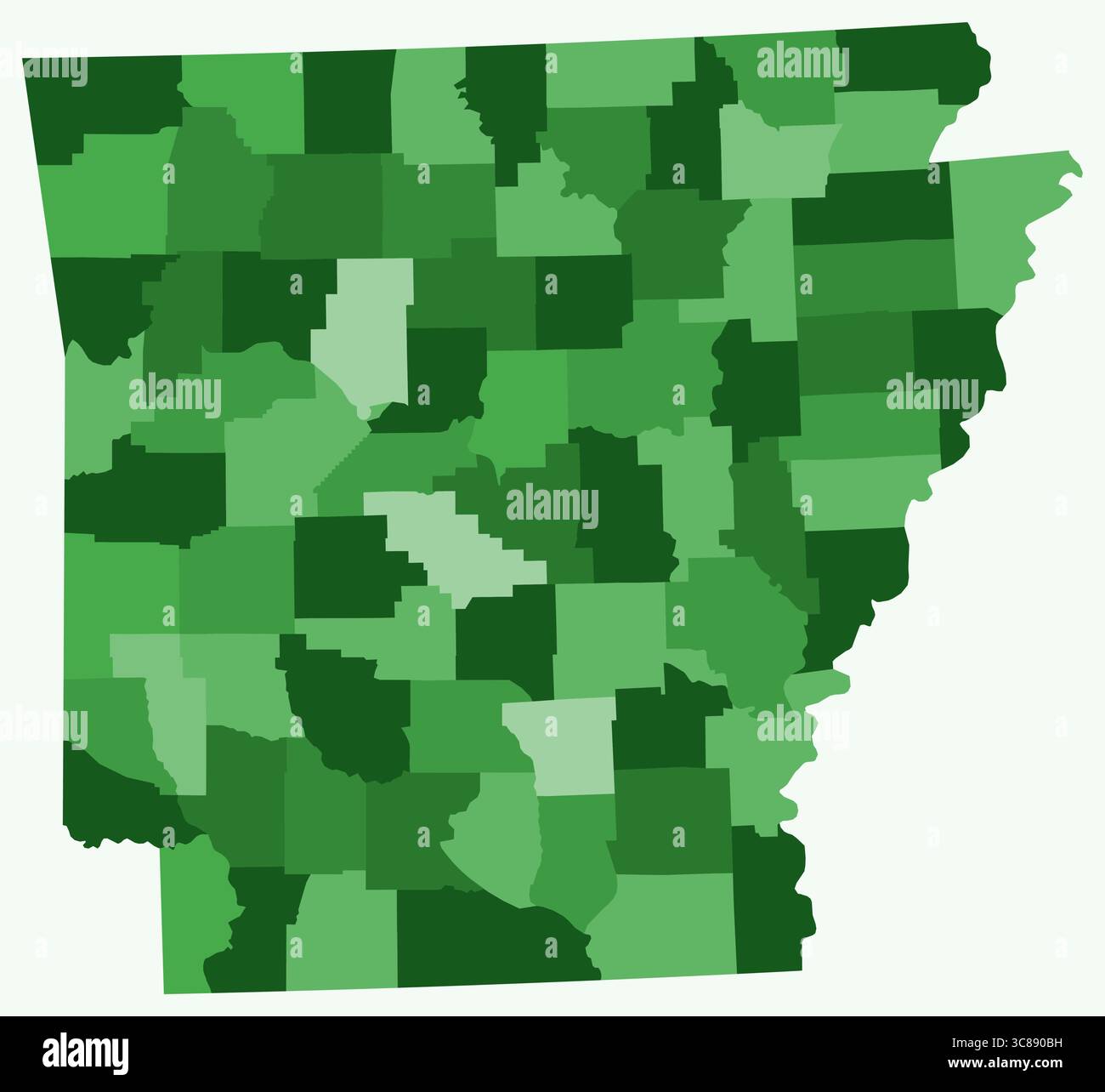 Karte von Arkansas mit Countys. Nur eine einfache Grenzkarte mit Bezirksverteilung. Grüne Farbpalette. Stock Vektor