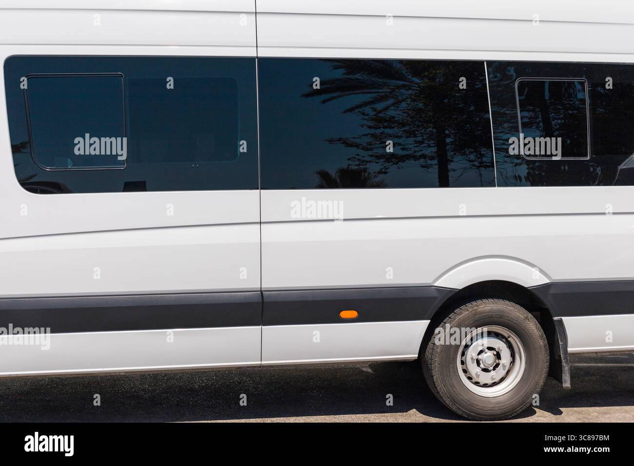 Ein weißes Transportfahrzeug steht bei Tageslicht neben Palmen. Die getönten Fenster des Fahrzeugs spiegeln den klaren blauen Himmel wider. Lebendig Stockfoto