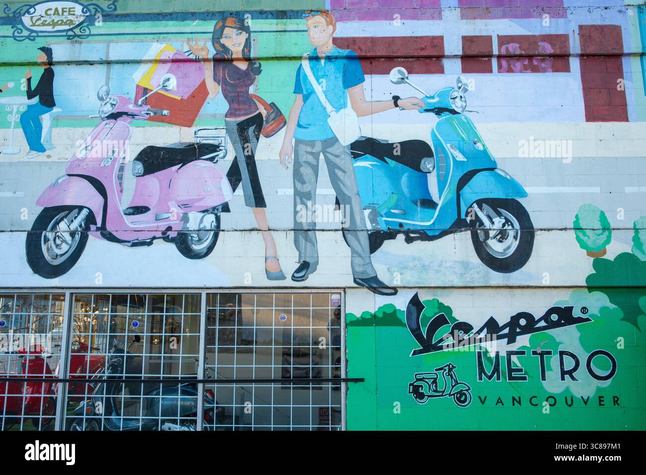 Ein Fototapete im Roller-Stil an der Seite des Metro Vespa Händlers in Vancouver, BC. Stockfoto