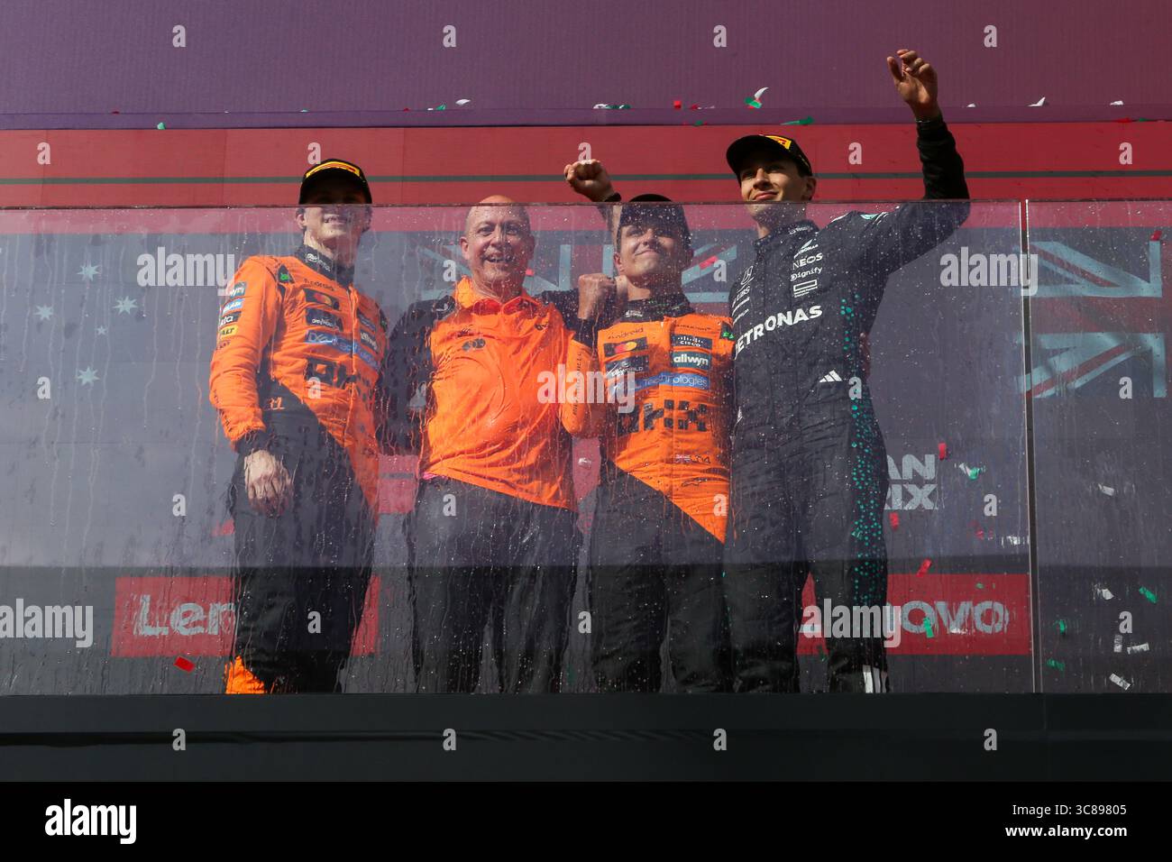 Budapest, Ungarn. August 2025. Das Podium beim Grand Prix 2025 von Lenovo Ungarn in Budapest. Quelle: Gabriele Lanzo / Alessio Morgese / Alamy Live News Stockfoto