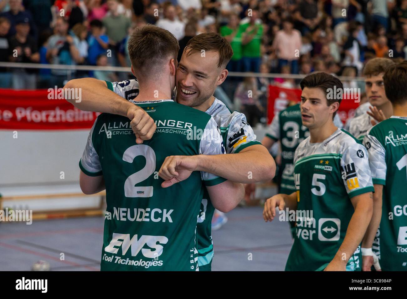 LUDVIG JURMALA (FRISCH AUF! Goeppingen, #25) jubelt/freut sich, Jubel, Emotion, Freude, Begeisterung, positive Emotionen FRISCH AUF! Goeppingen (FAG) vs. TVB 1898 Stuttgart (TVB), Handball, Maenner, S-Cup Altensteig 2025, Finale, Spielzeit 2025/2026, 03.08.2025 Foto: Eibner-Pressefoto/Oliver Schmidt Stockfoto