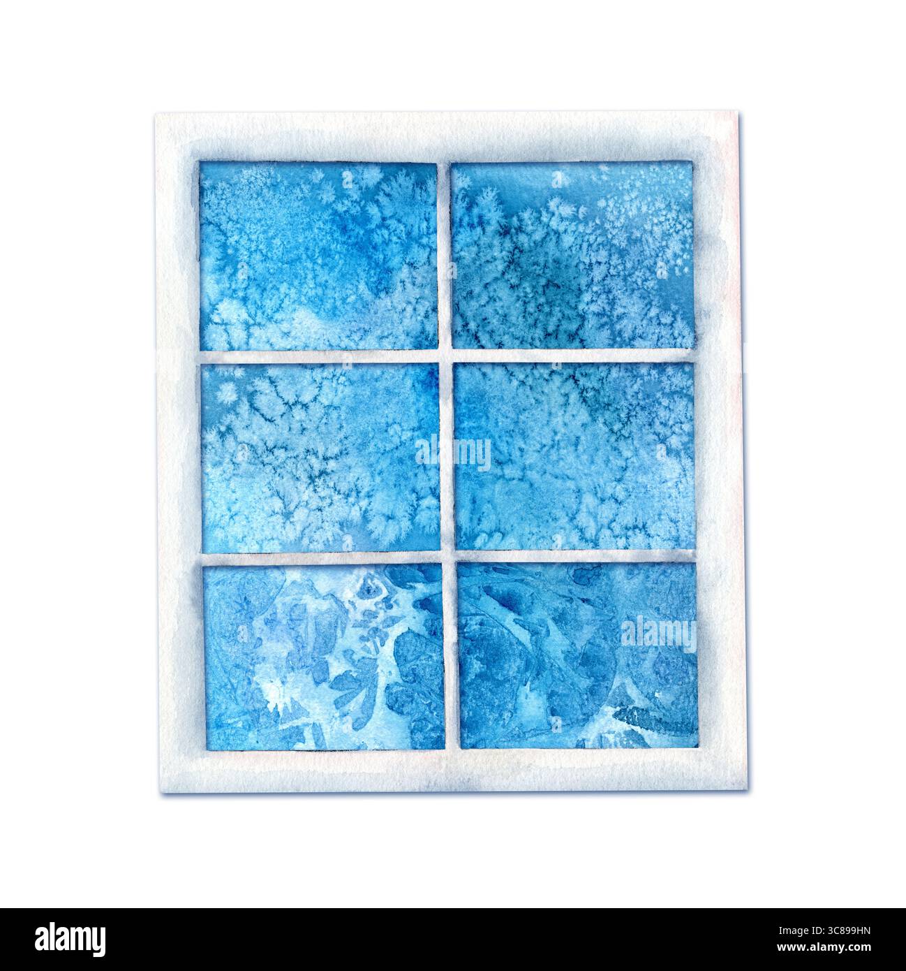 Das Fenster mit blauen frostigen Mustern auf dem Glas ist handgezeichnet auf weißem Hintergrund. Aquarellabbildung. Eine Vorlage für Weihnachtskarten und Stockfoto