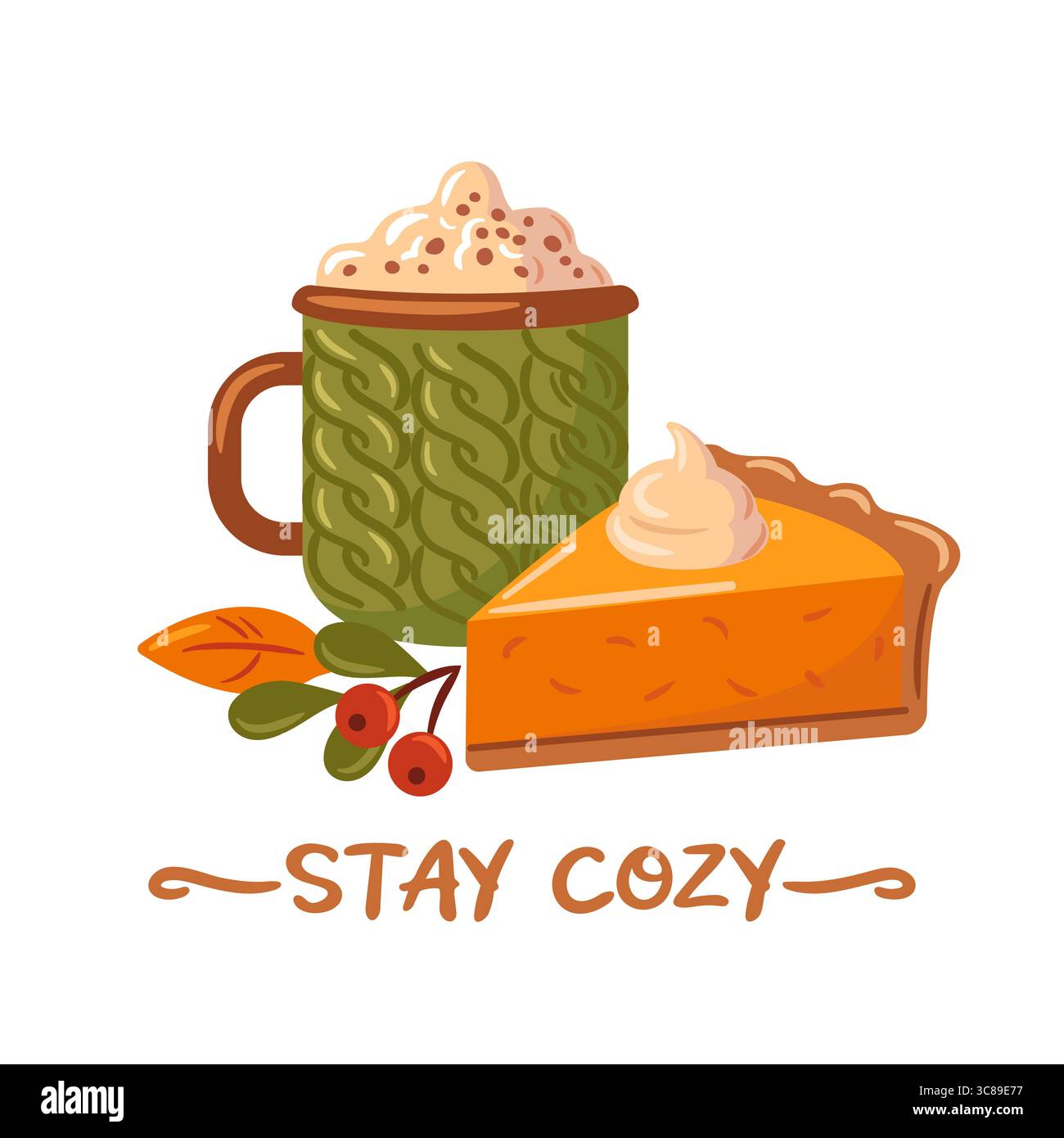 Eine warme Tasse heiße Schokolade mit aufgeschäumter Milch steht neben einer Scheibe Kürbiskuchen, umgeben von lebhaften Herbstblättern. Diese gemütliche Szene fängt ein Stock Vektor